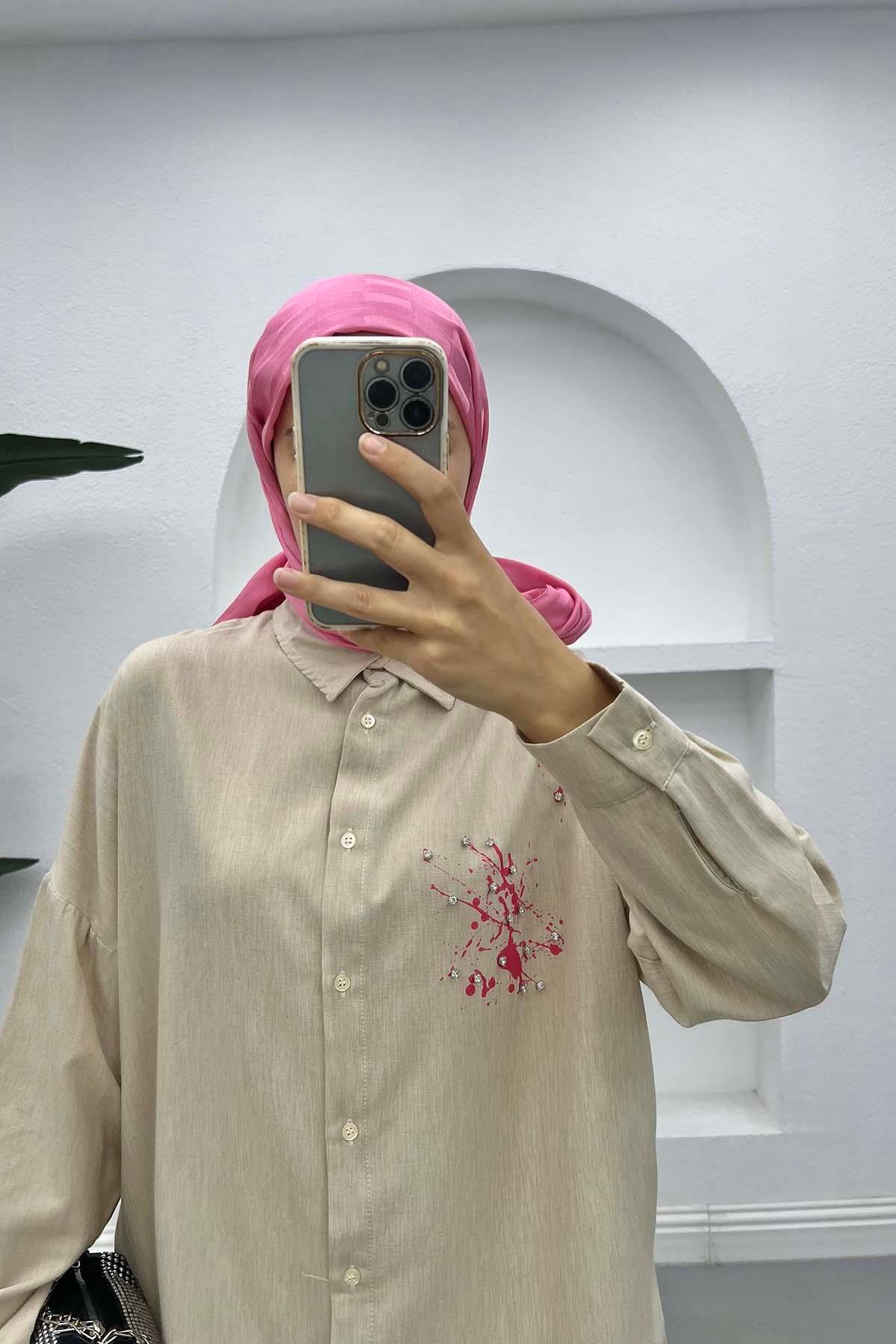 Taşlı Desenli Gömlek Fuşya