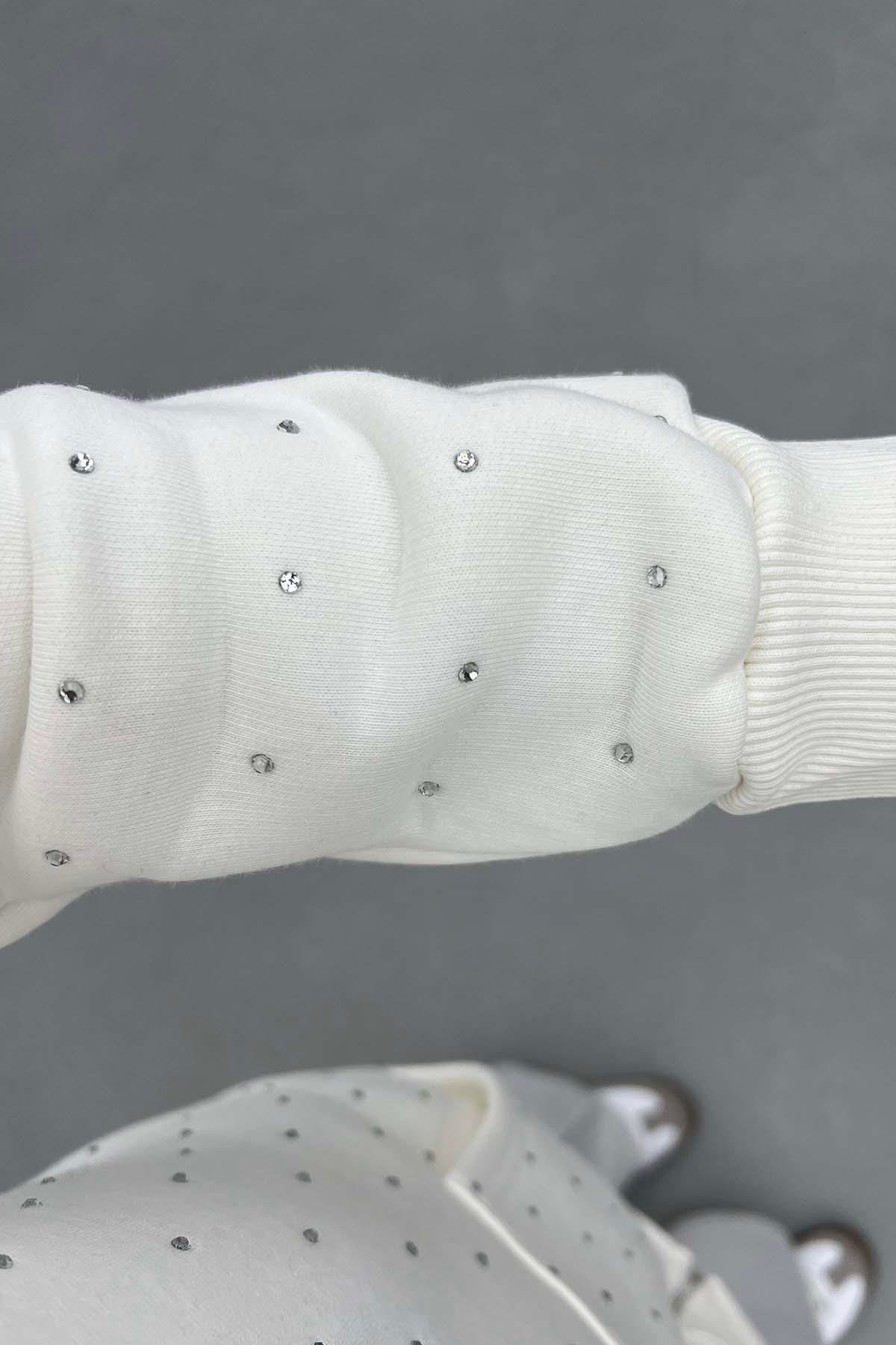 Taşlı Fermuarlı Şardonlu Sweat Beyaz