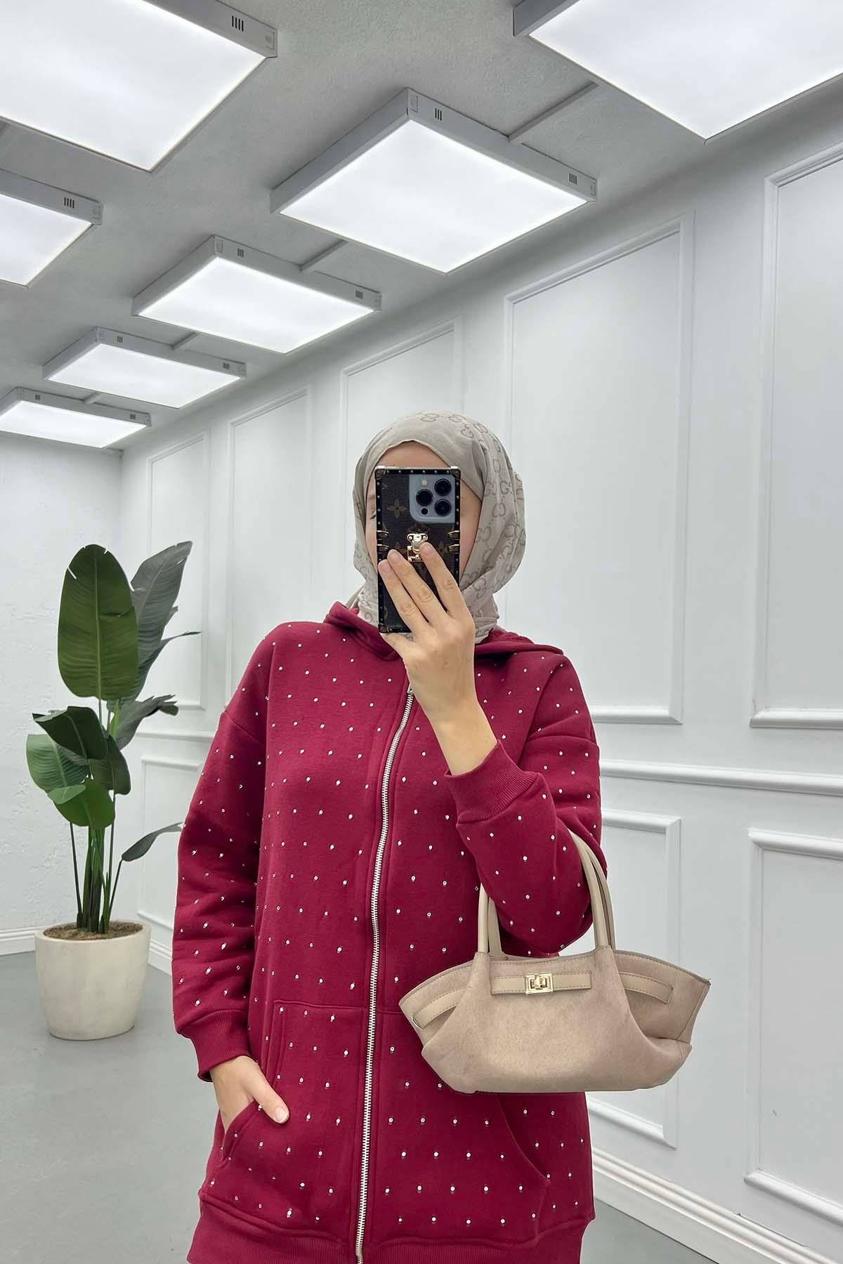 Taşlı Fermuarlı Şardonlu Sweat Bordo