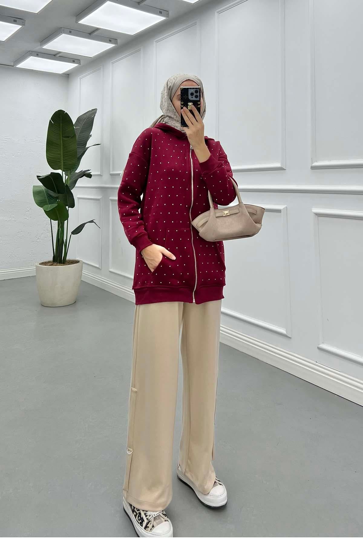 Taşlı Fermuarlı Şardonlu Sweat Bordo