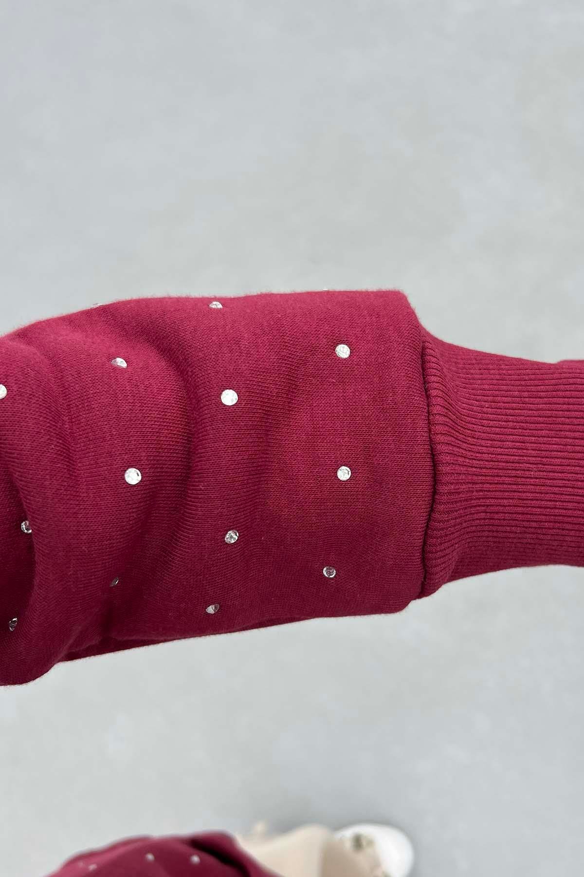 Taşlı Fermuarlı Şardonlu Sweat Bordo
