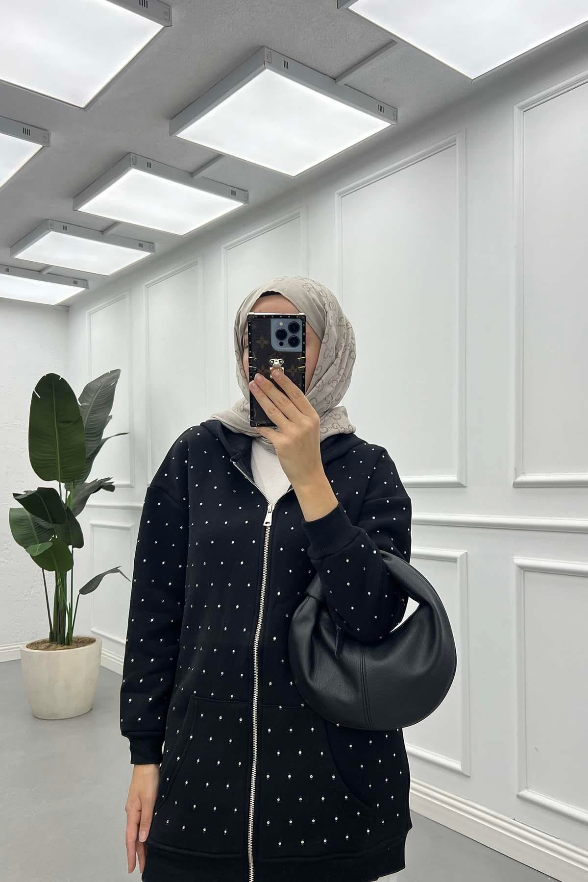 Taşlı Fermuarlı Şardonlu Sweat Siyah