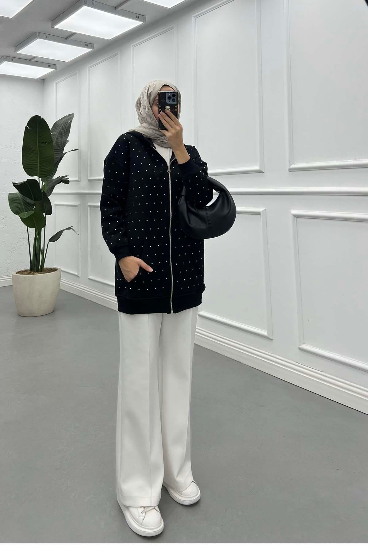 Taşlı Fermuarlı Şardonlu Sweat Siyah