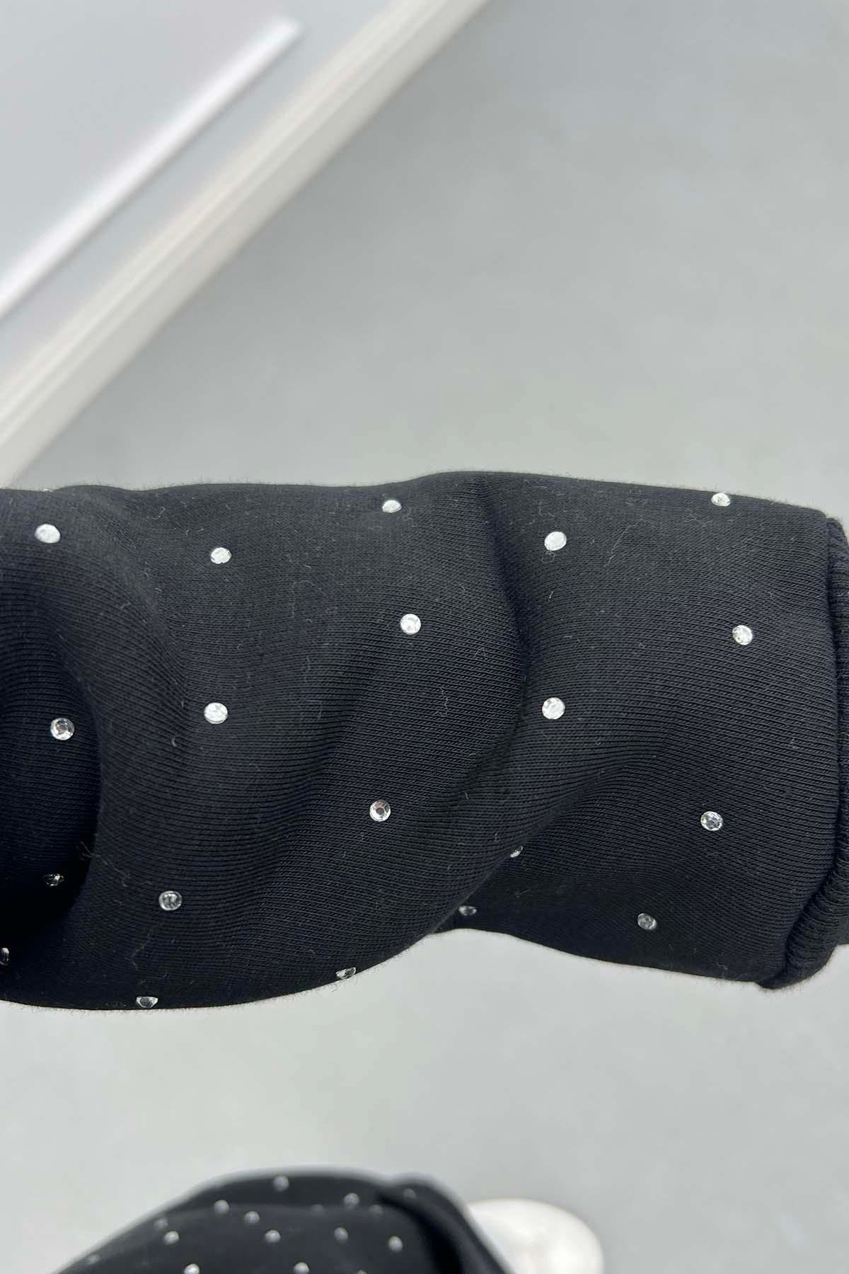 Taşlı Fermuarlı Şardonlu Sweat Siyah