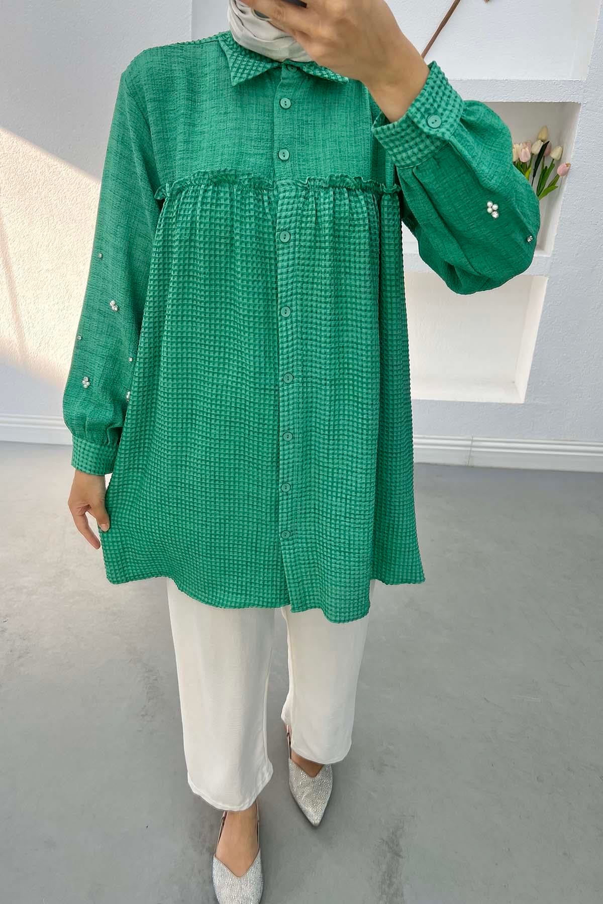 Taşlı Fırfrlı Gofre Tunik Benetton Yeşil