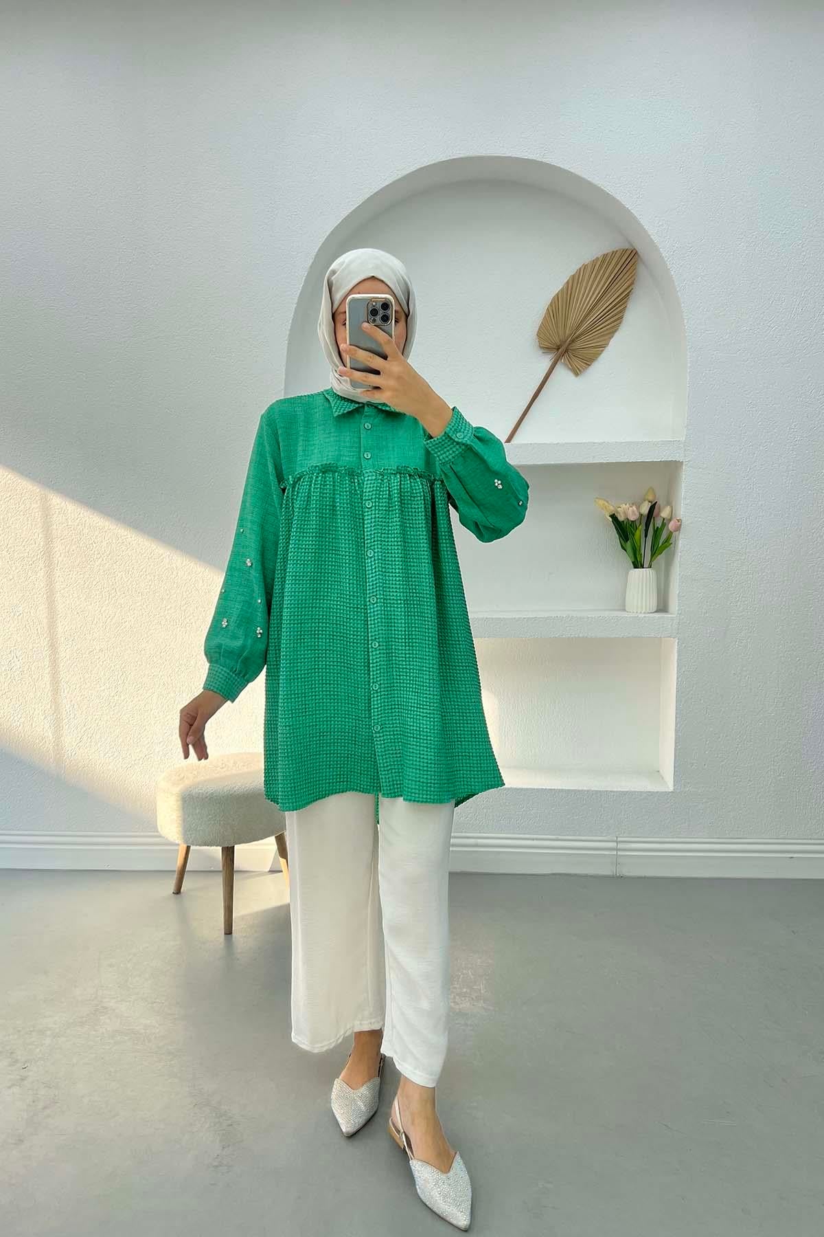 Taşlı Fırfrlı Gofre Tunik Benetton Yeşil