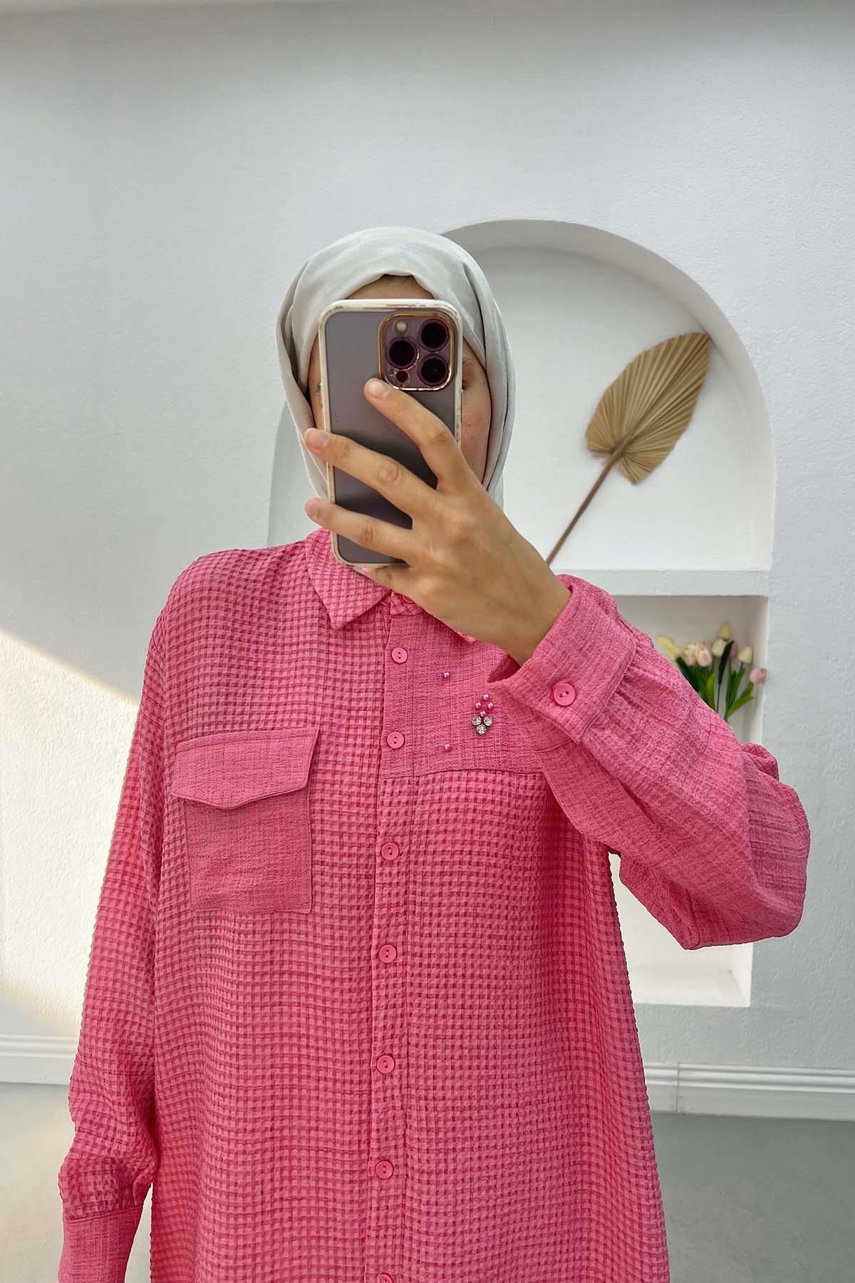 Taşlı Gofre Tunik Fuşya