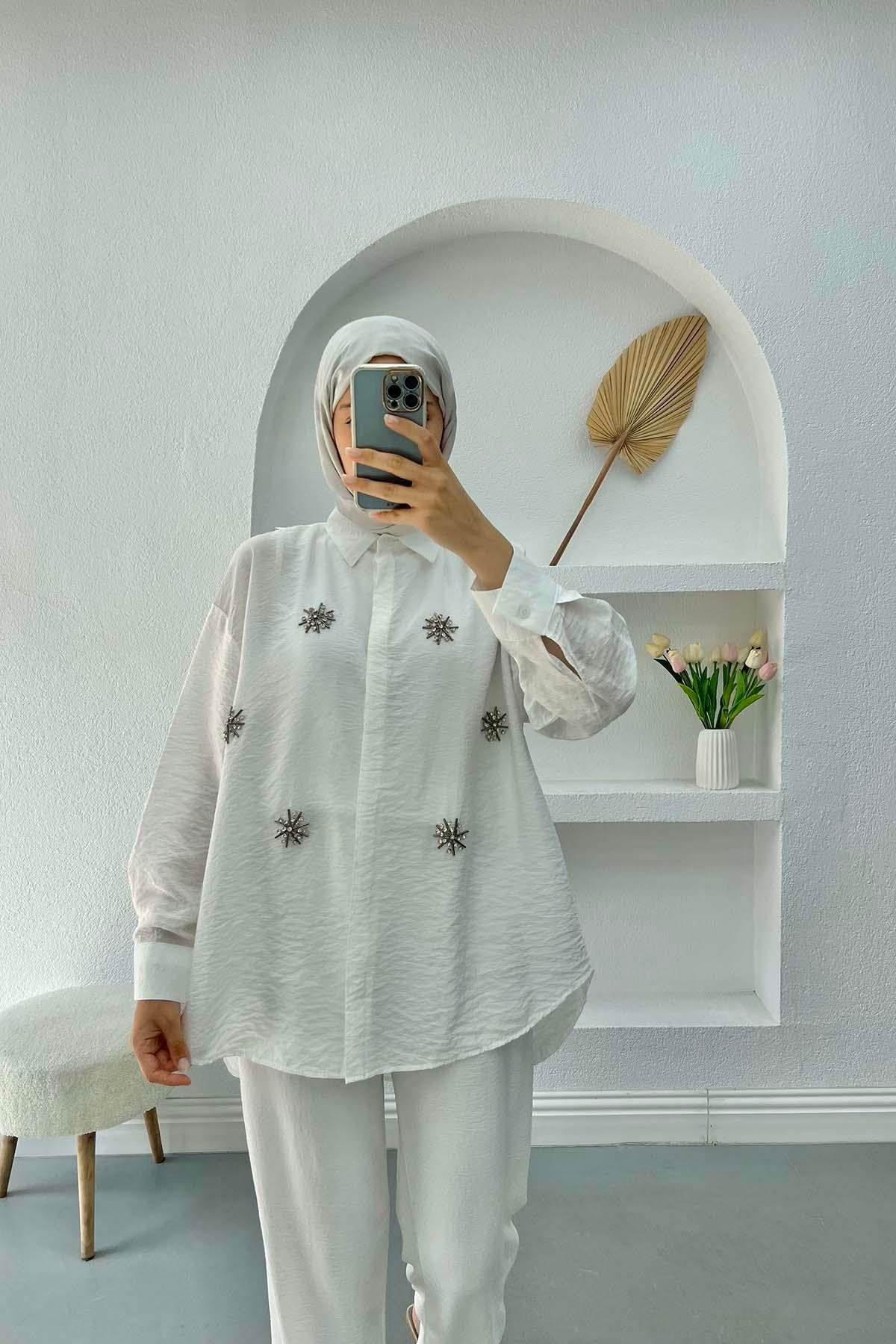 Taşlı Gömlek Beyaz