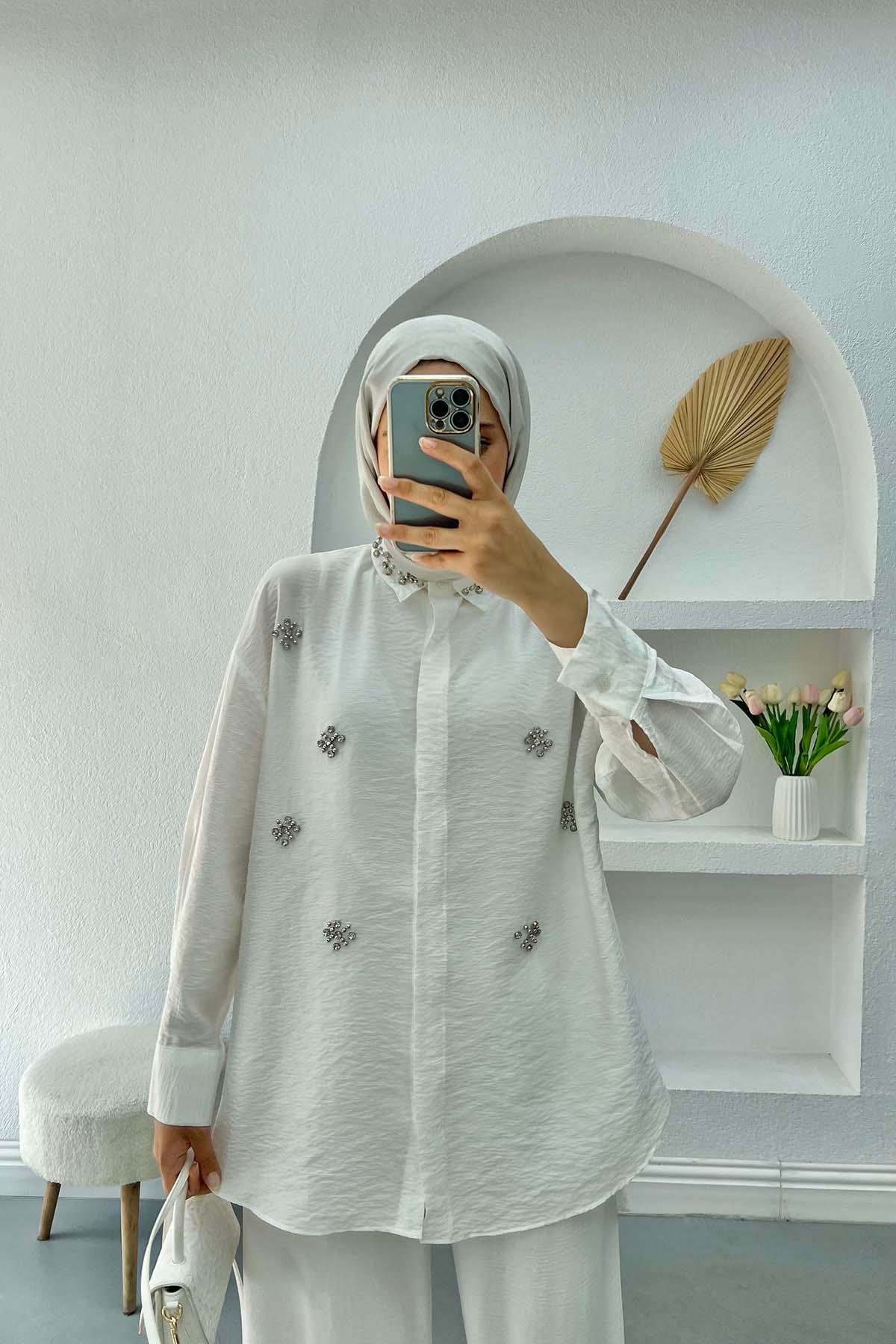 Taşlı Gömlek Beyaz