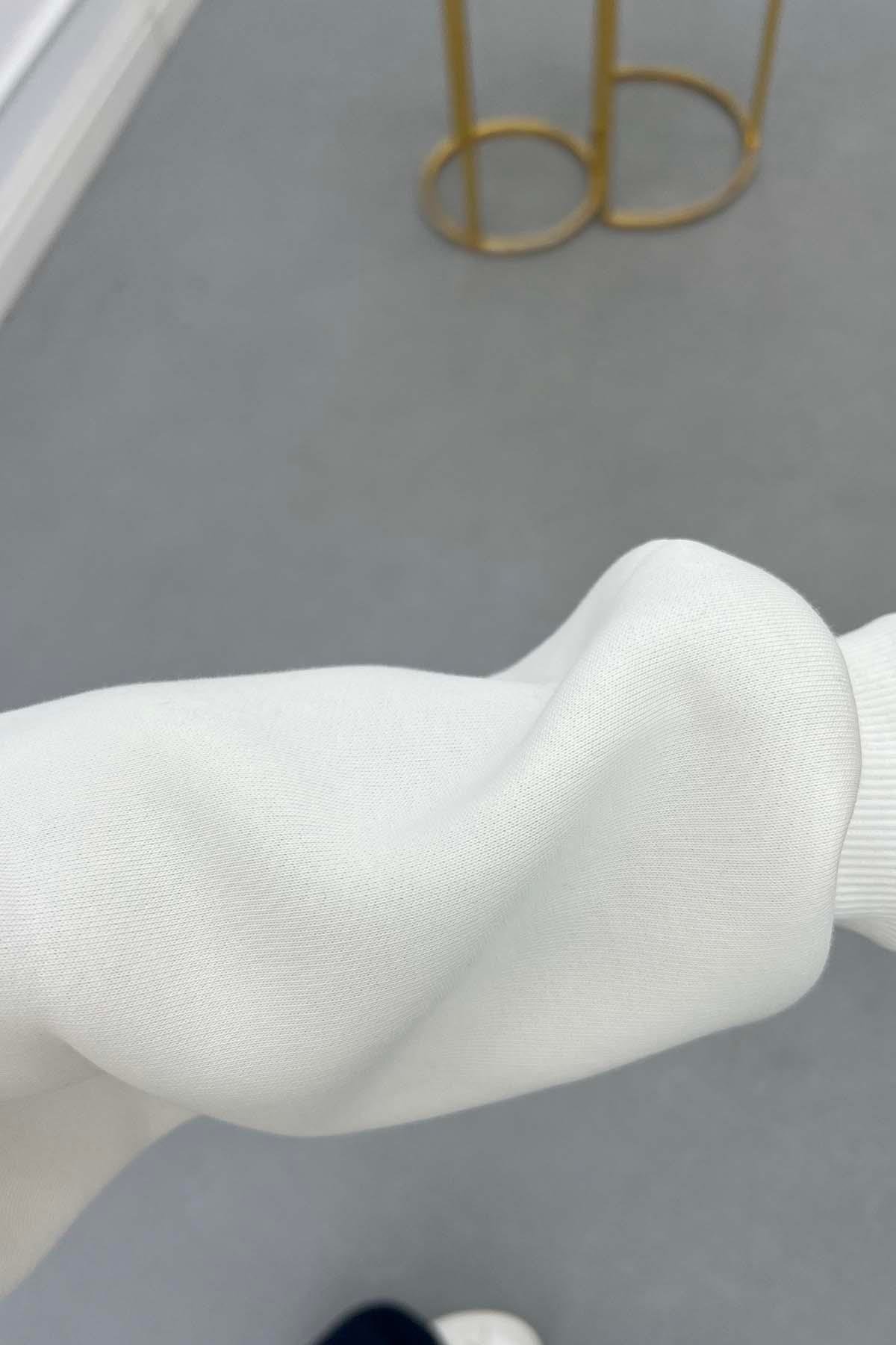 Taşlı Kapüşonlu Sweatshirt Beyaz