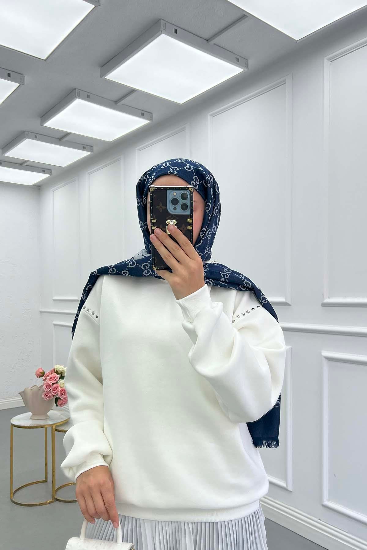 Taşlı Kapüşonlu Sweatshirt Beyaz