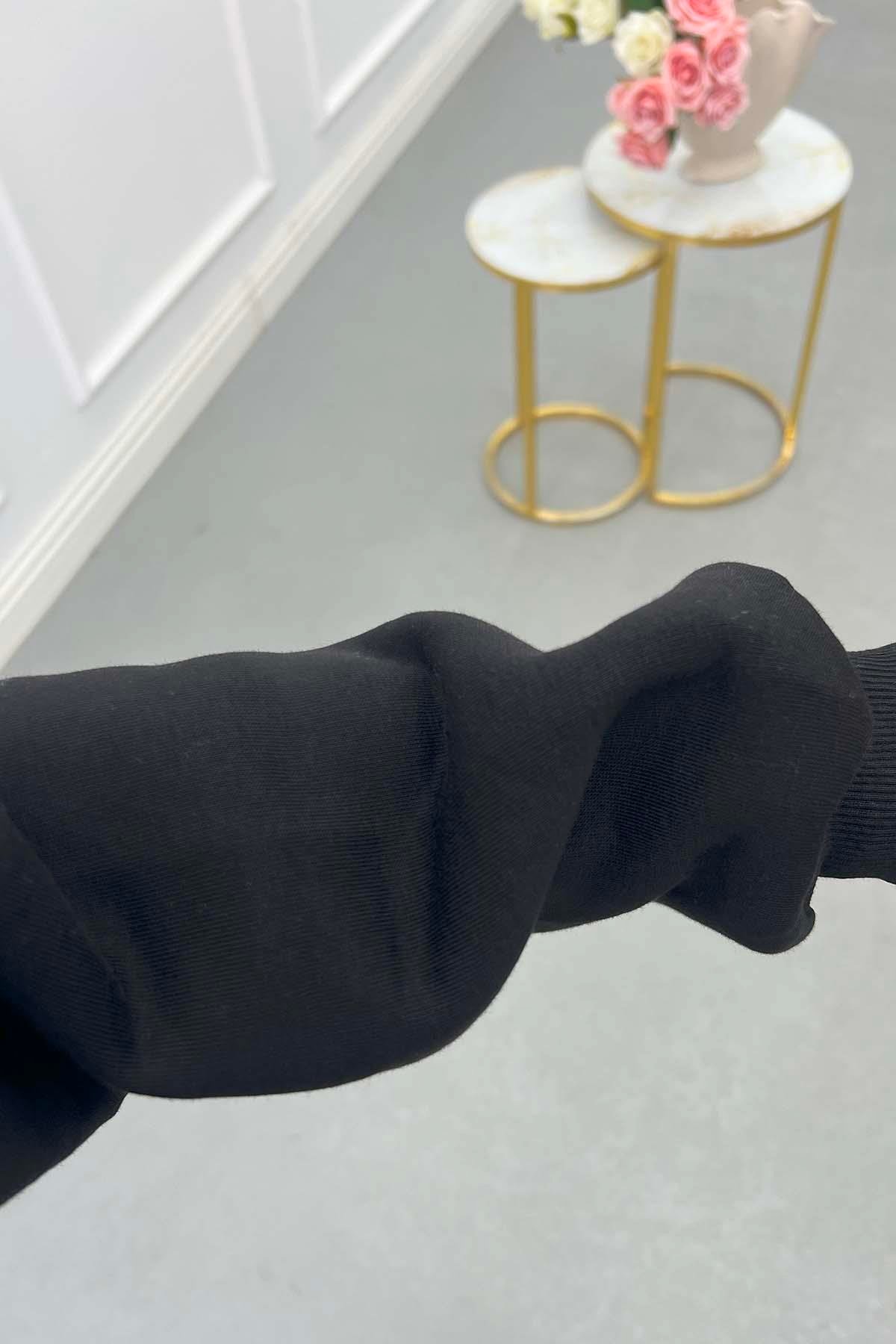 Taşlı Kapüşonlu Sweatshirt Siyah
