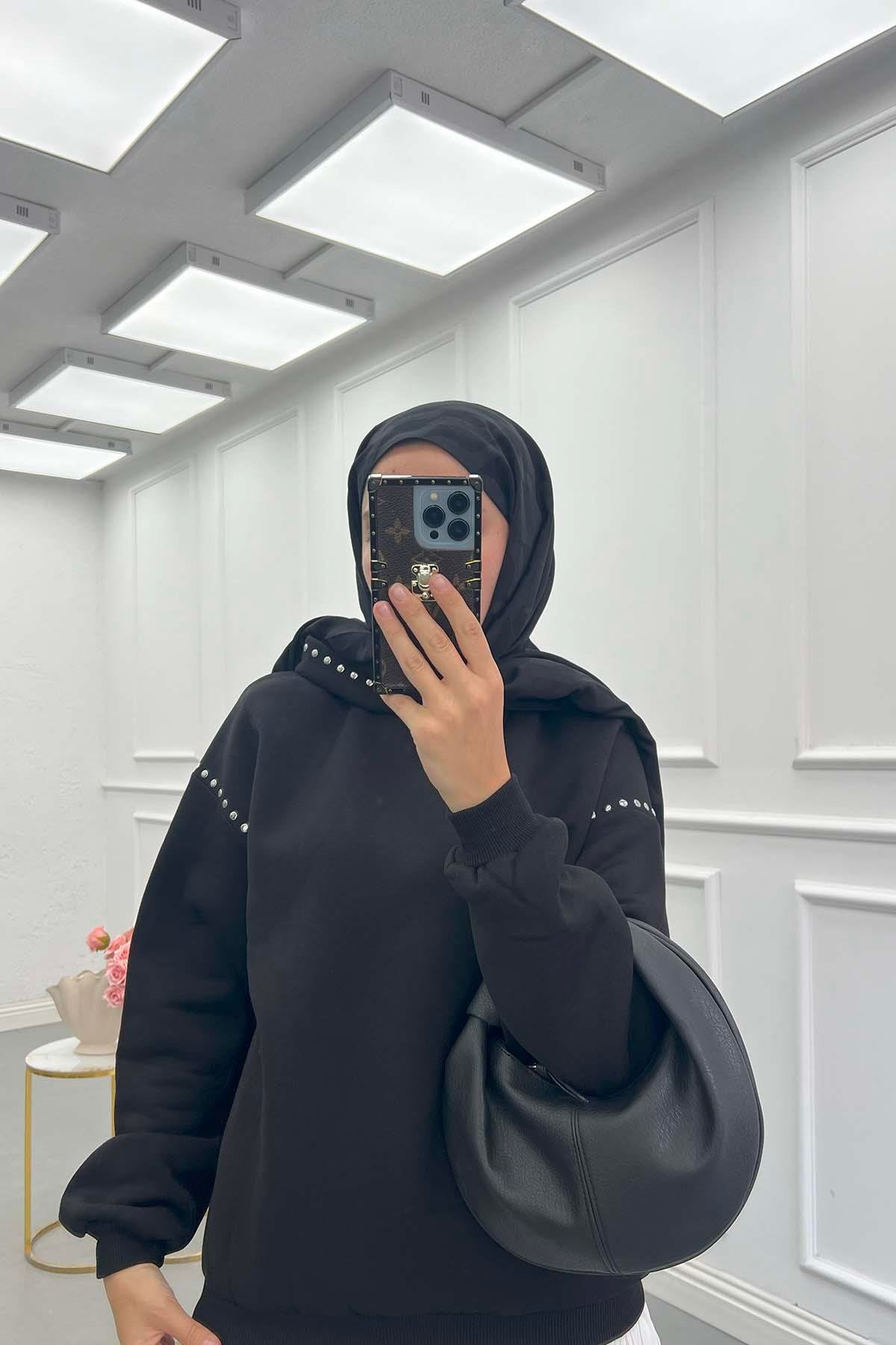 Taşlı Kapüşonlu Sweatshirt Siyah