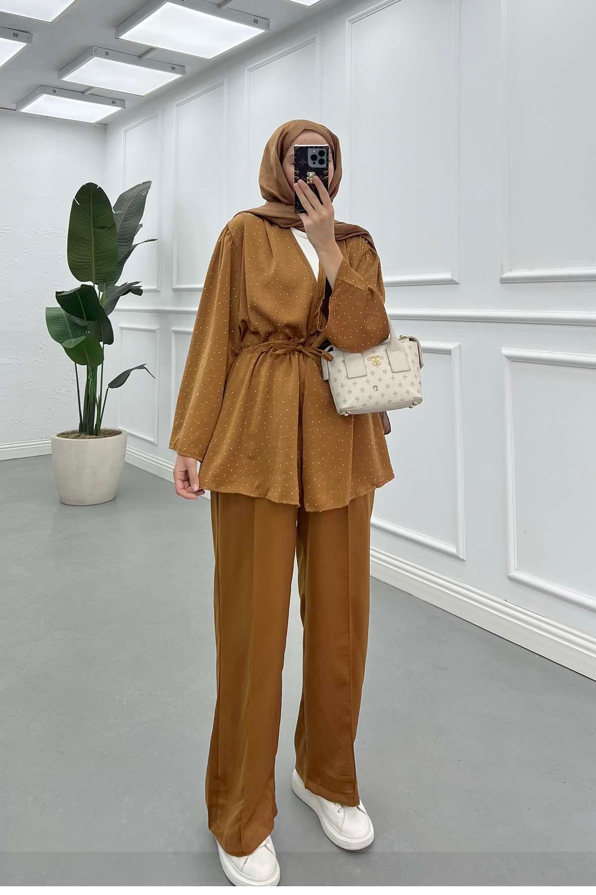 Taşlı Kimono Takım Taba