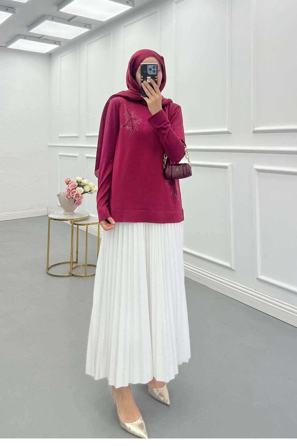 Taşlı Merserize Bluz Bordo