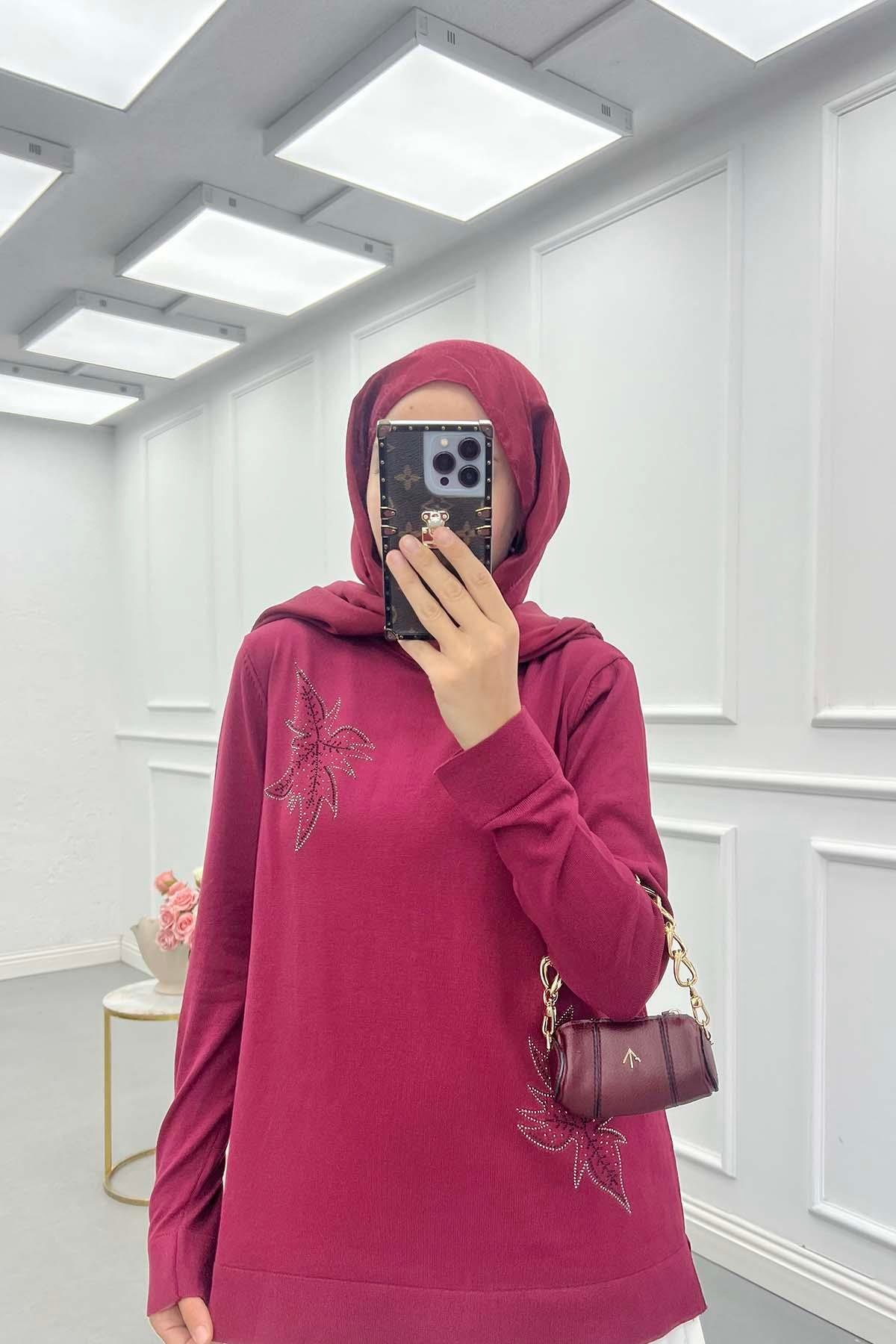 Taşlı Merserize Bluz Bordo