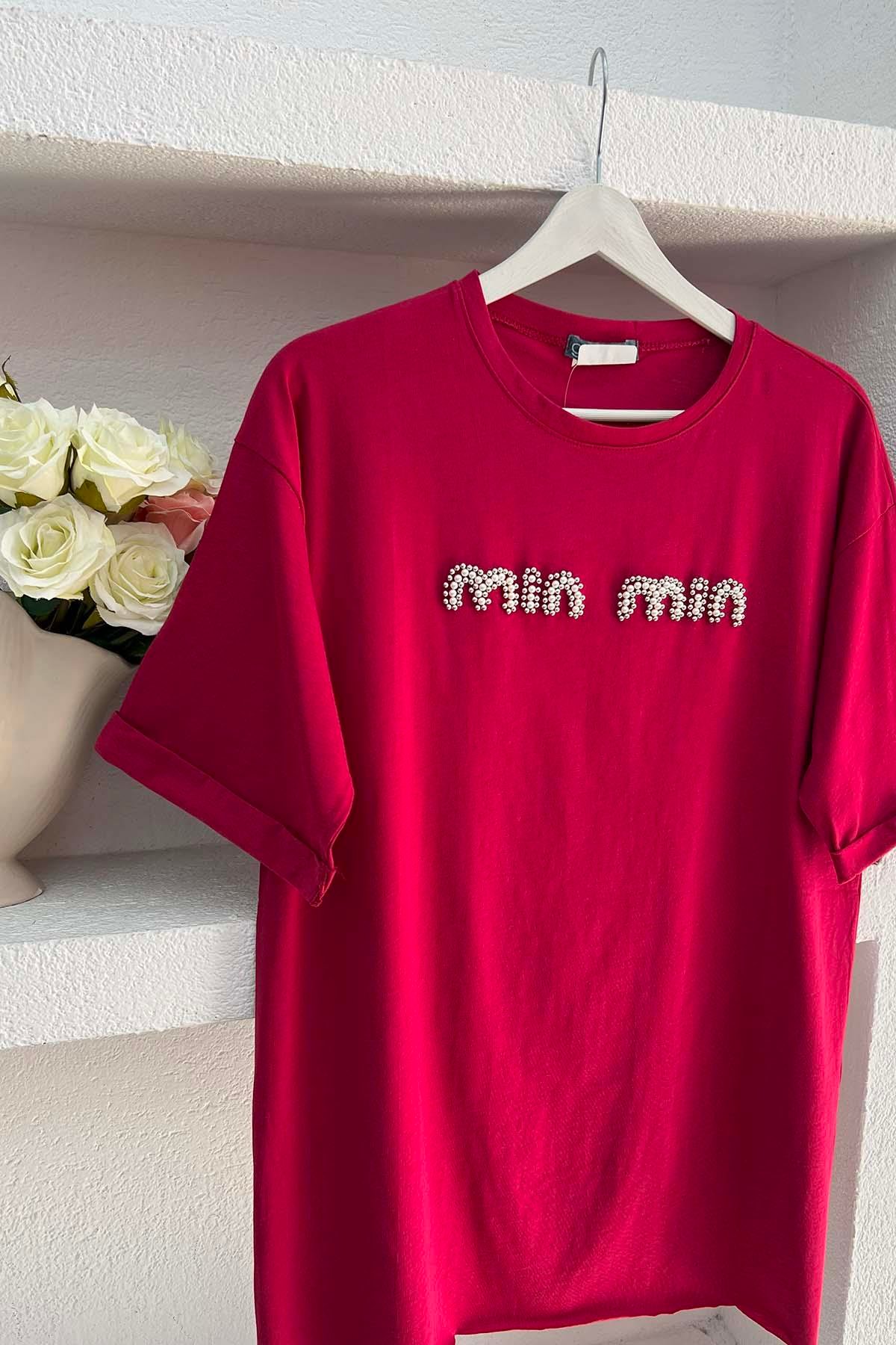 Taşlı Mın Tshirt Bordo
