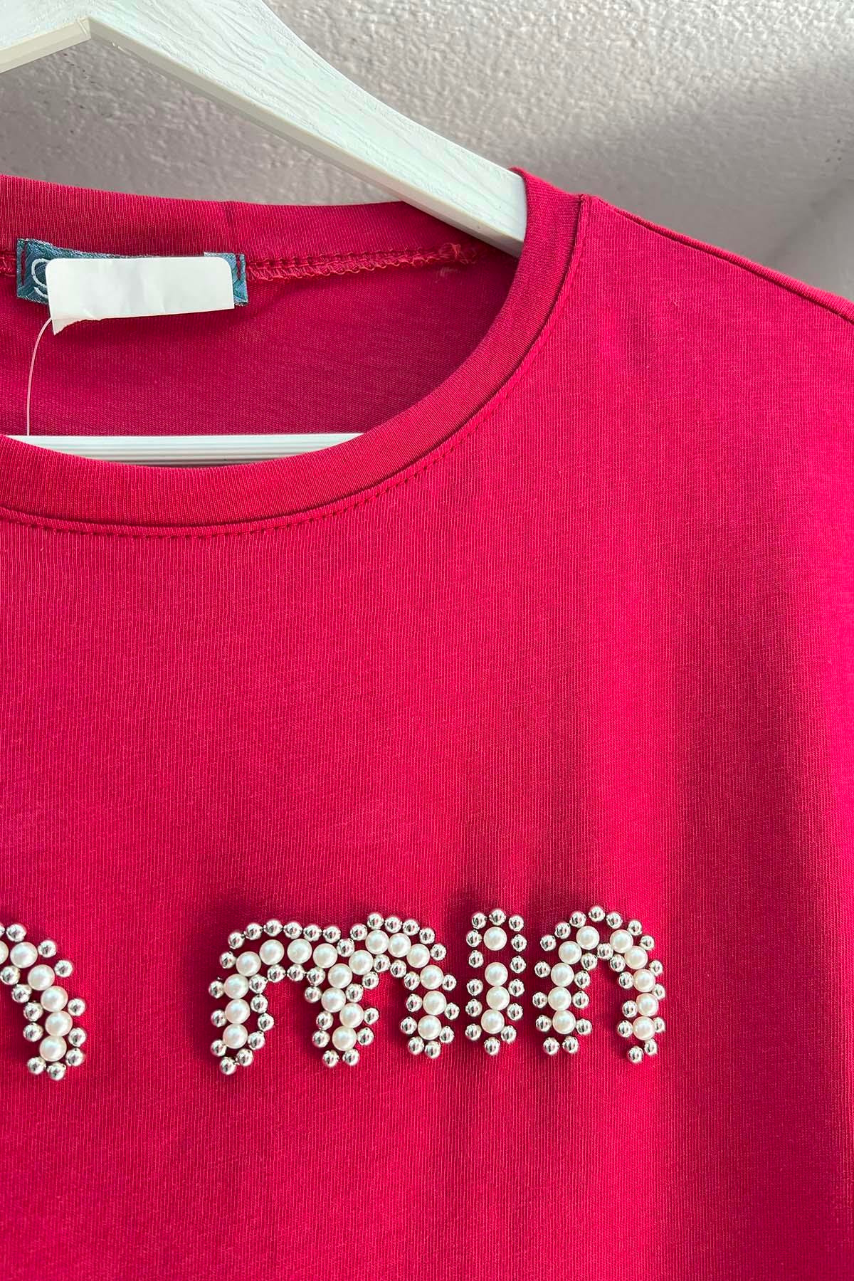 Taşlı Mın Tshirt Bordo