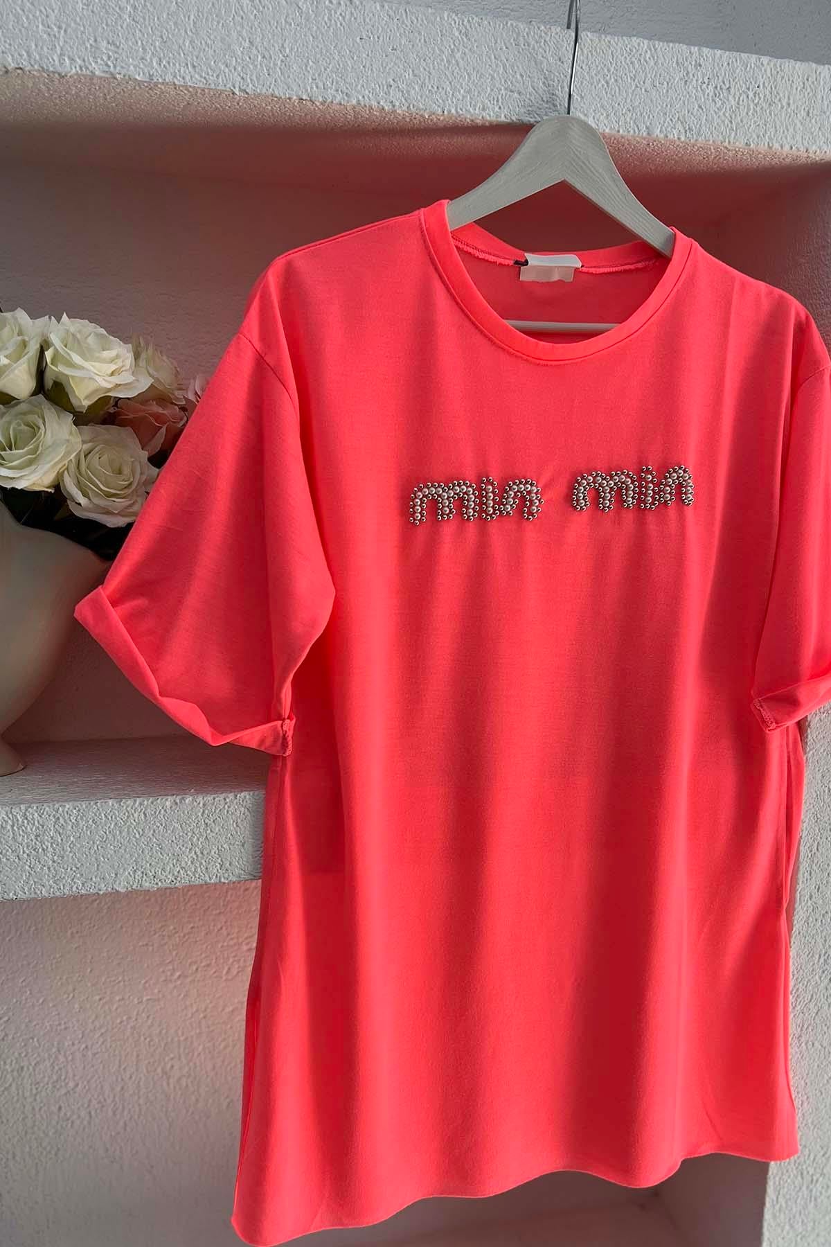 Taşlı Mın Tshirt Fuşya