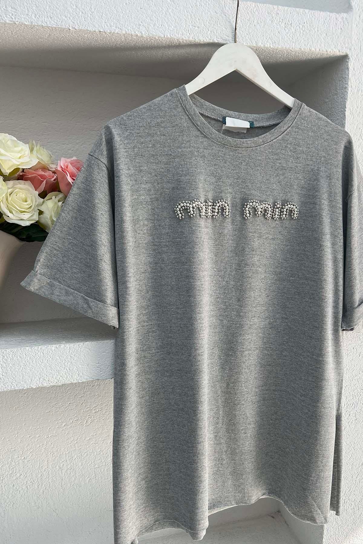 Taşlı Mın Tshirt Gri