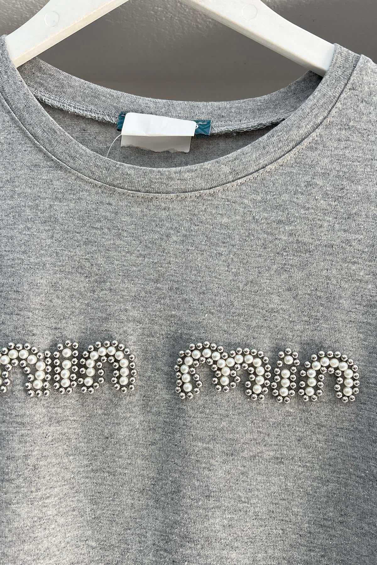 Taşlı Mın Tshirt Gri