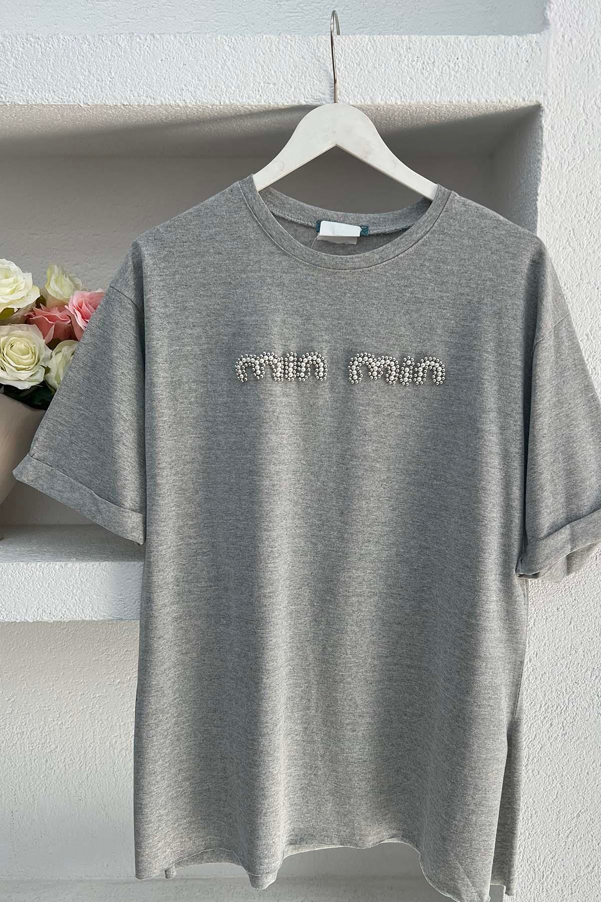 Taşlı Mın Tshirt Gri