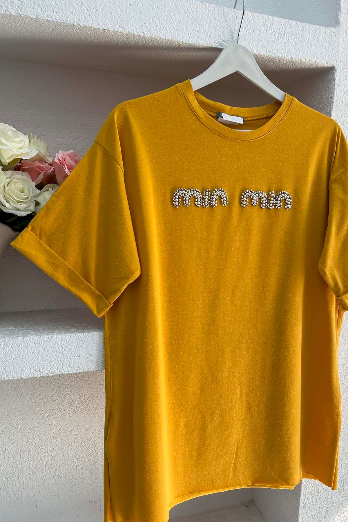 Taşlı Mın Tshirt Hardal
