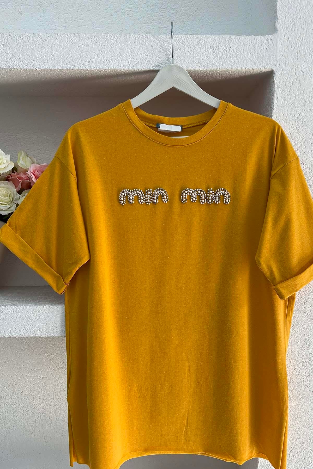 Taşlı Mın Tshirt Hardal