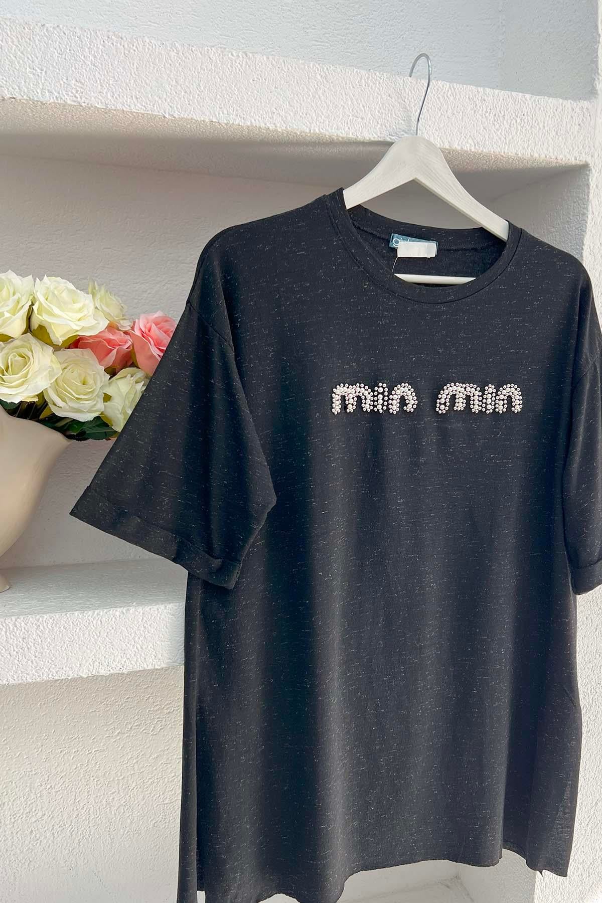 Taşlı Mın Tshirt Siyah