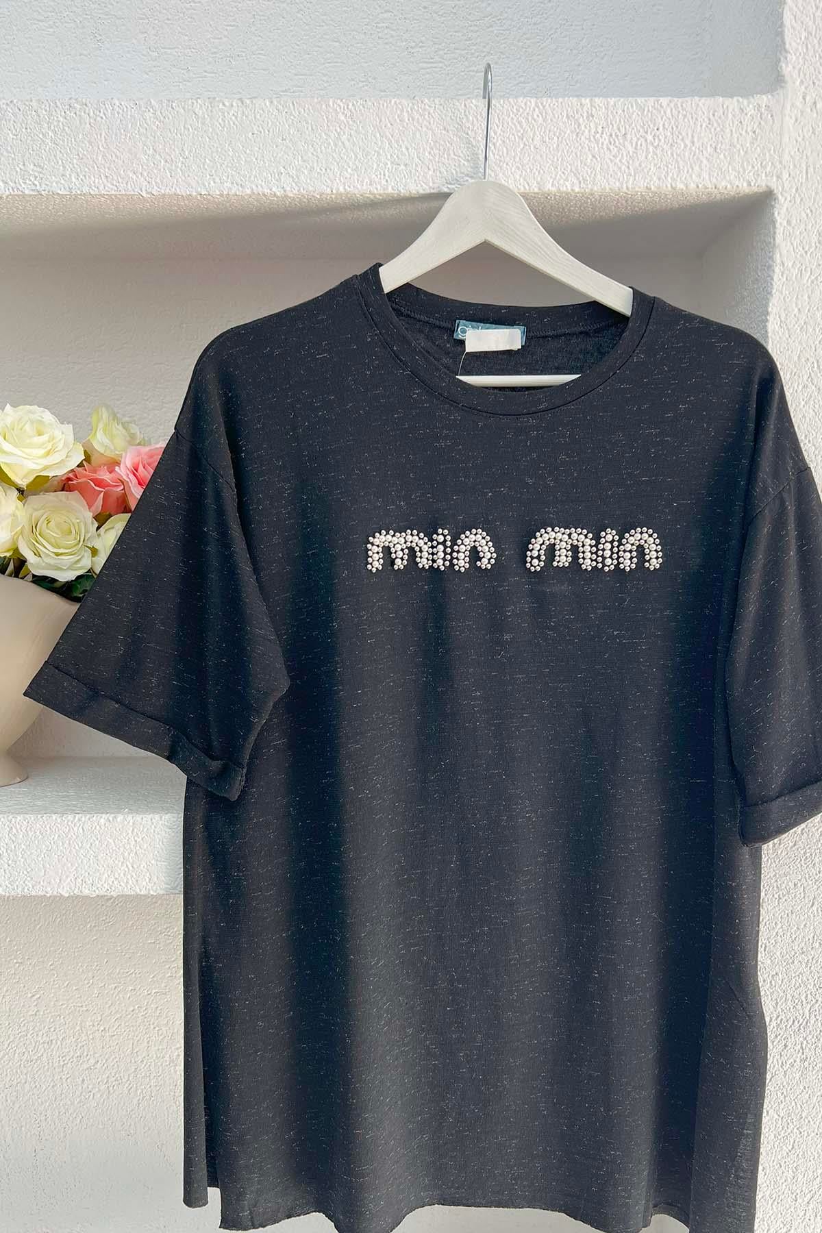 Taşlı Mın Tshirt Siyah
