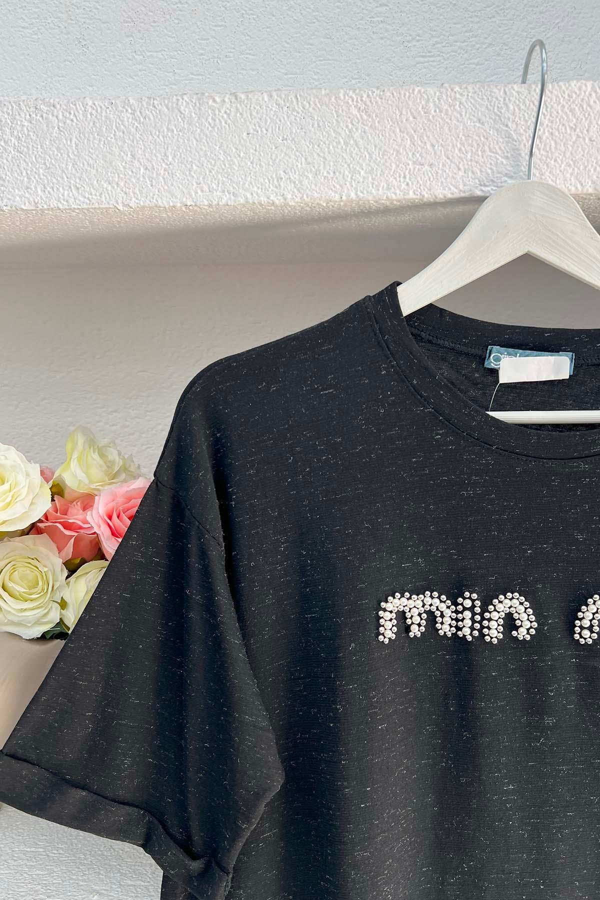 Taşlı Mın Tshirt Siyah