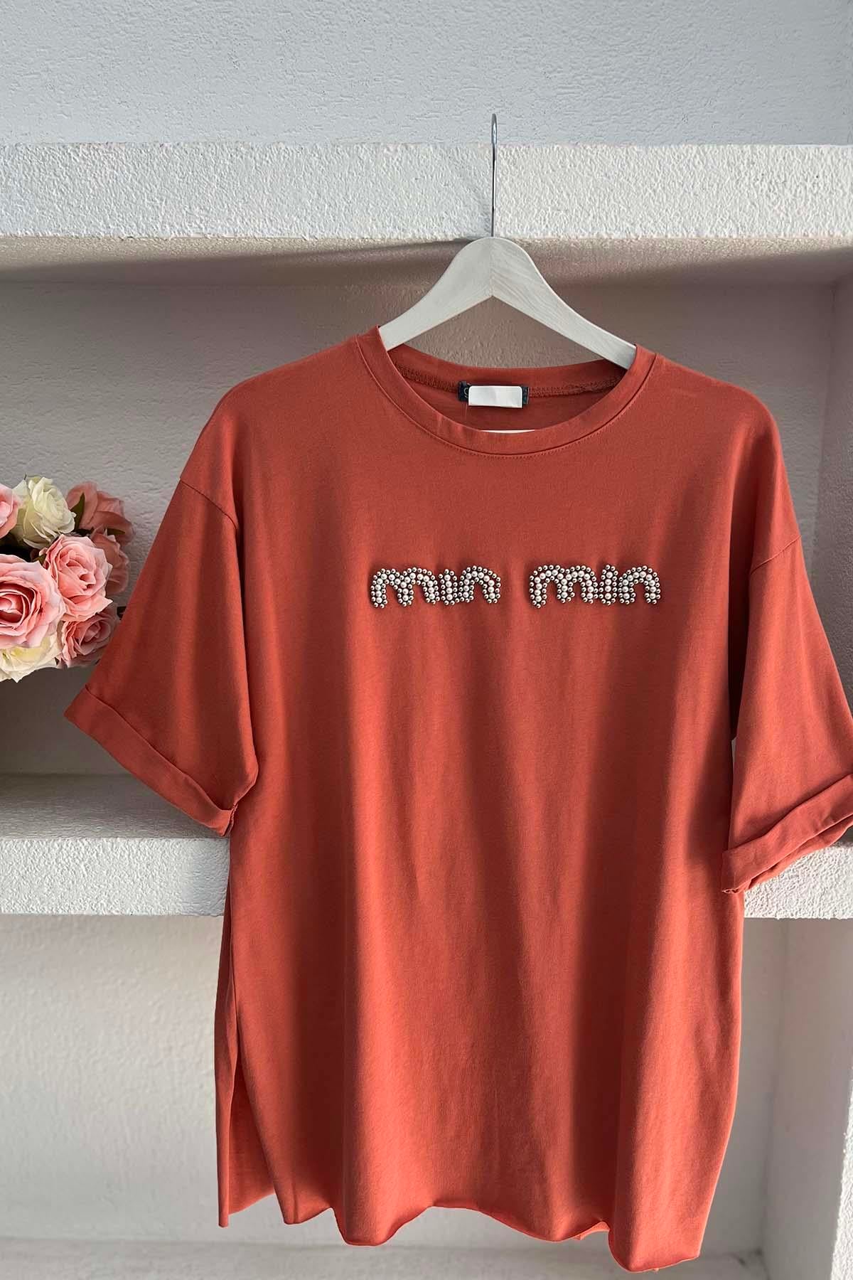Taşlı Mın Tshirt Somon
