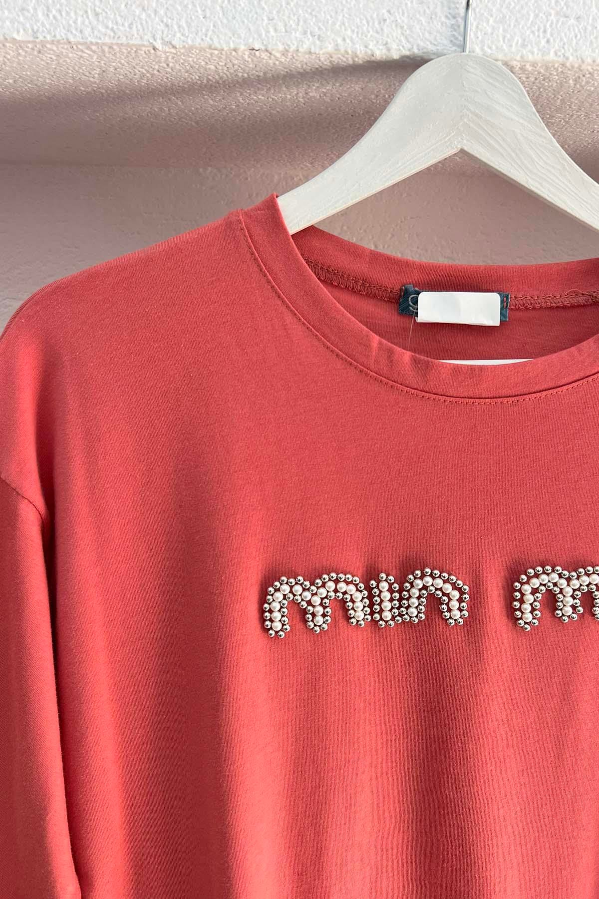 Taşlı Mın Tshirt Somon