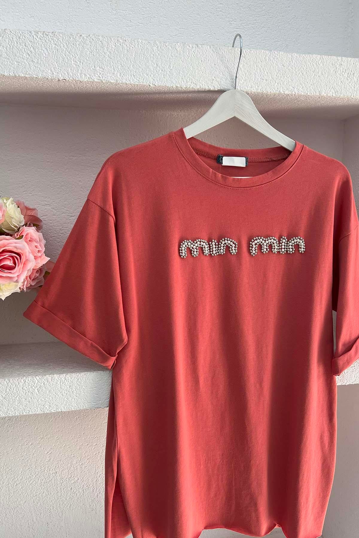Taşlı Mın Tshirt Somon