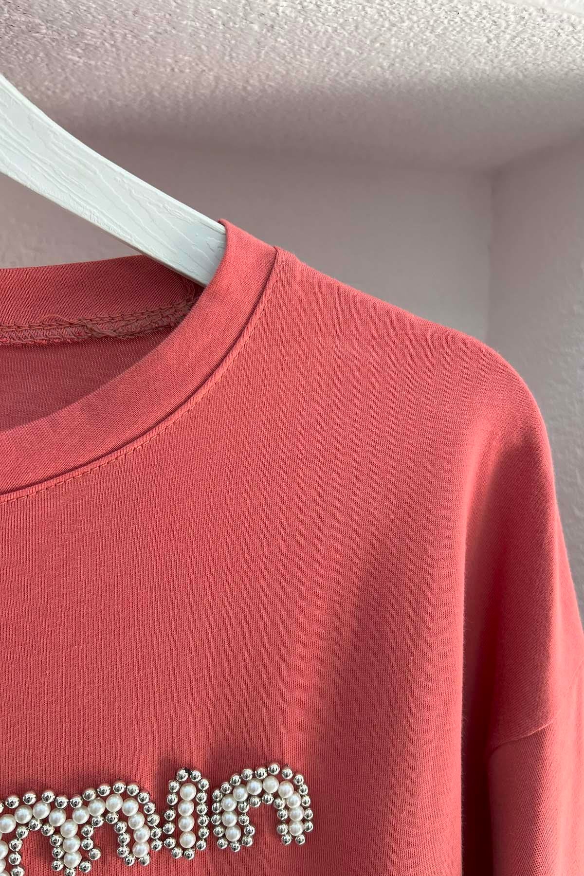 Taşlı Mın Tshirt Somon