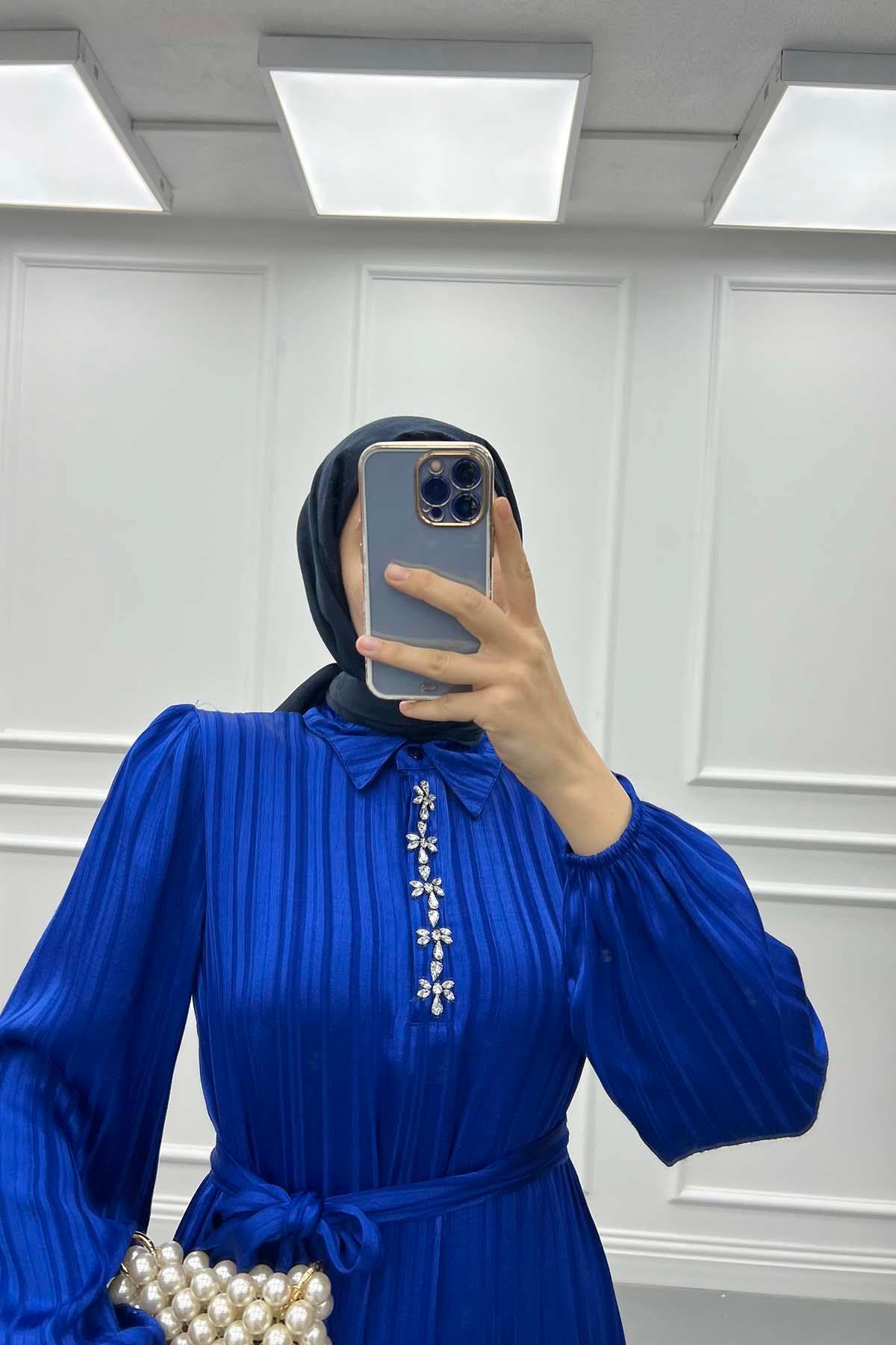 Taşlı Parlak Elbise Saks Mavi