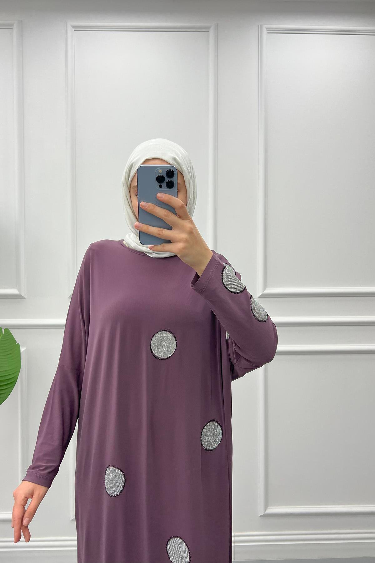 Taşlı Penye Elbise Mürdüm