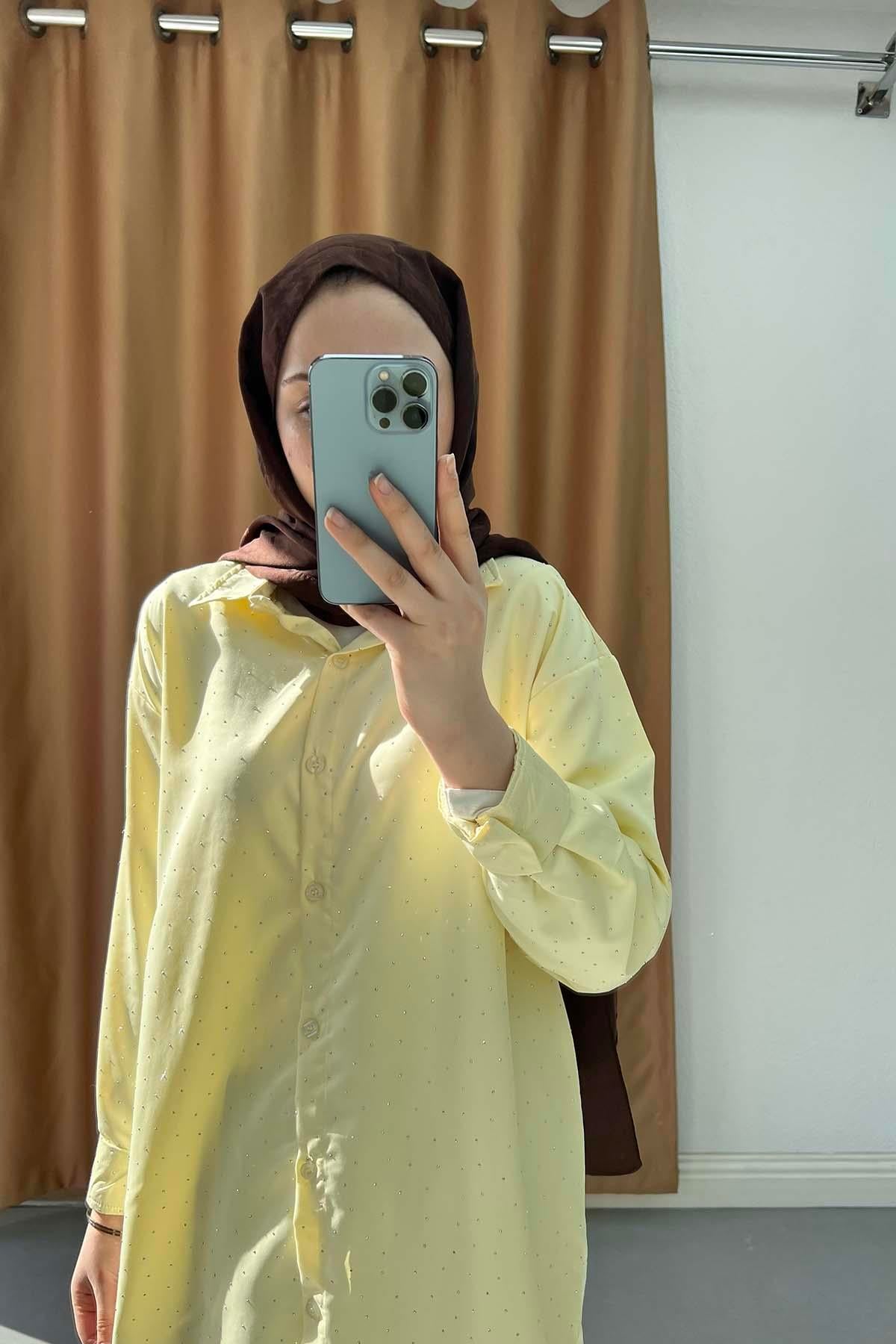 Taşlı Poplin Kumaş Işıltılı Gömlek Sarı