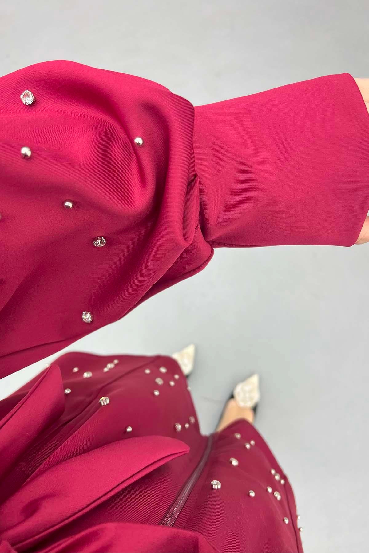 Taşlı Scuba Tunik Bordo