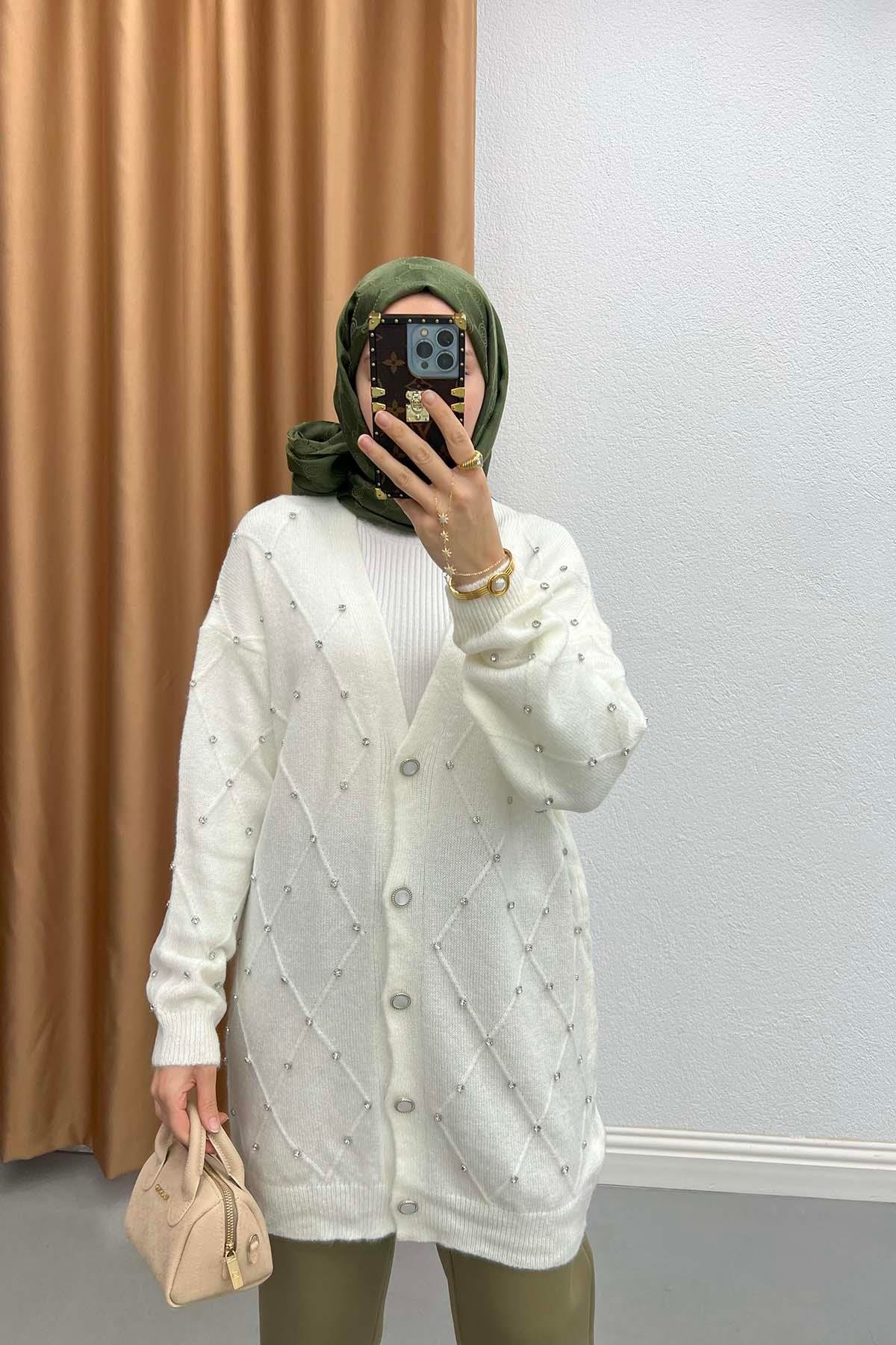 Taşlı Triko Hırka Ekru