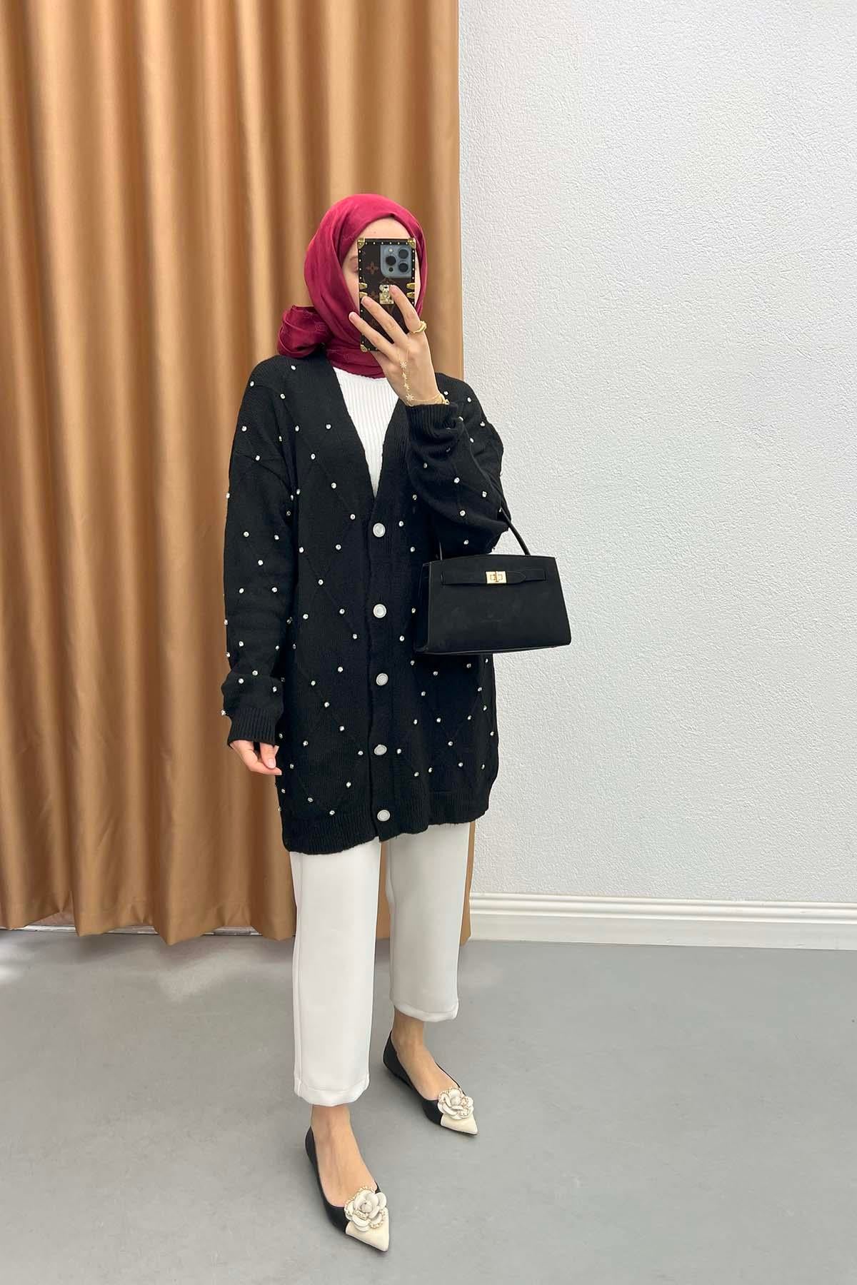 Taşlı Triko Hırka Siyah
