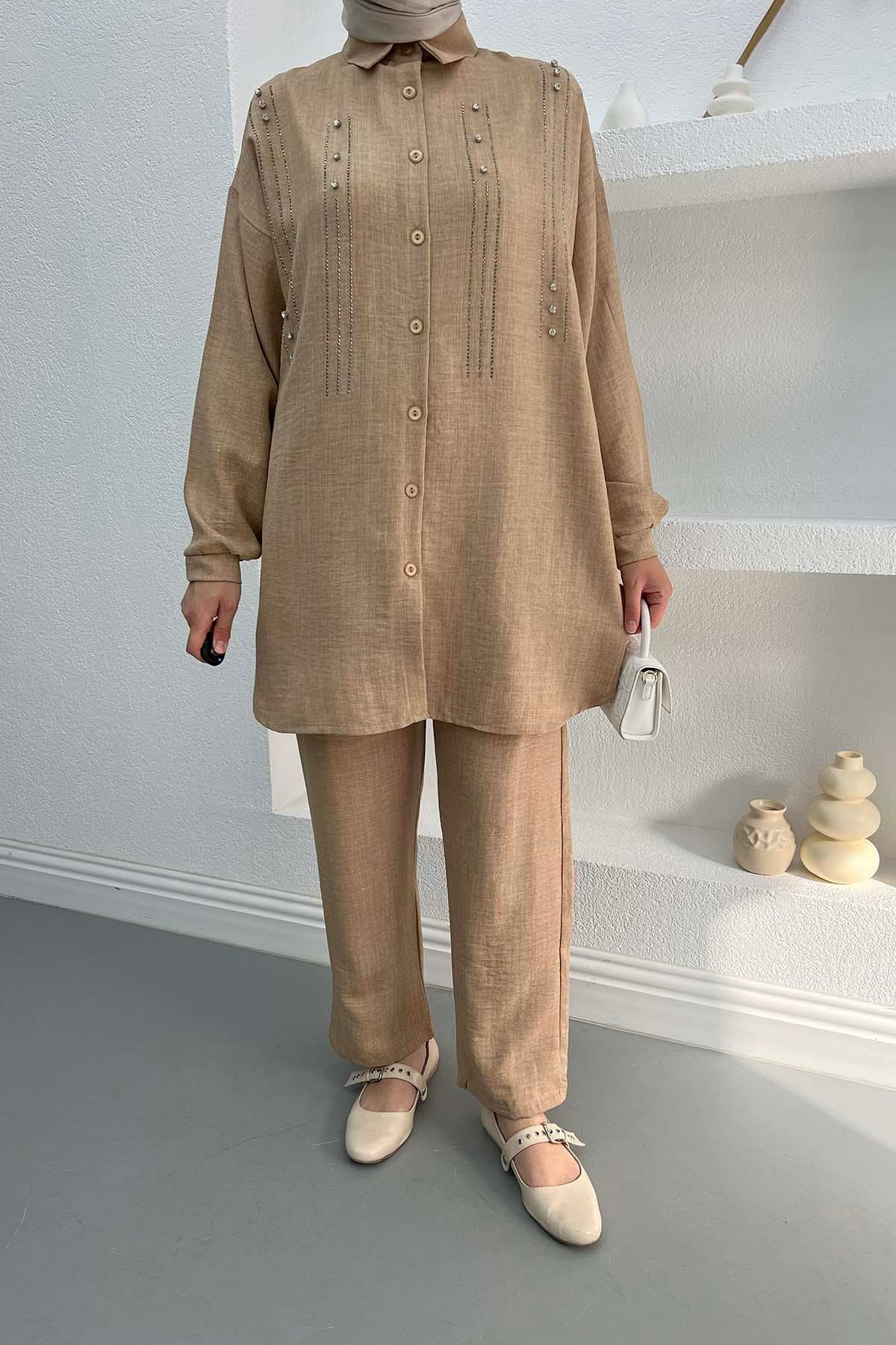 Taşlı Tunik Takım Bej