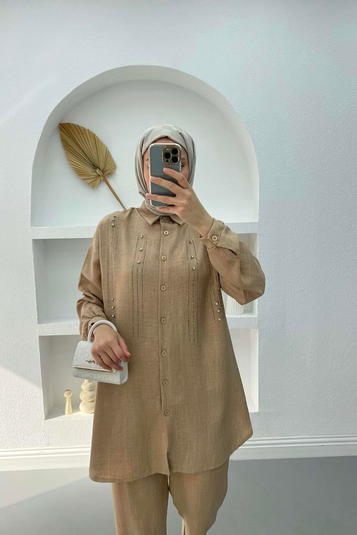 Taşlı Tunik Takım Bej