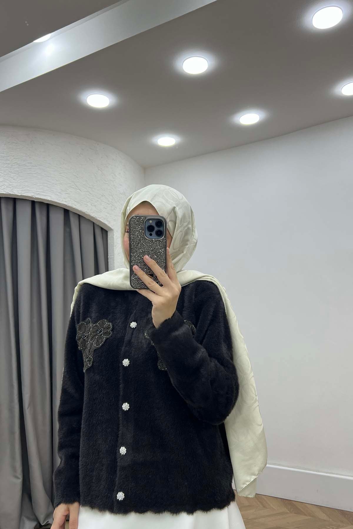 Taşlı ve Çiçek İşlemeli Angora Hırka Koyu Kahve