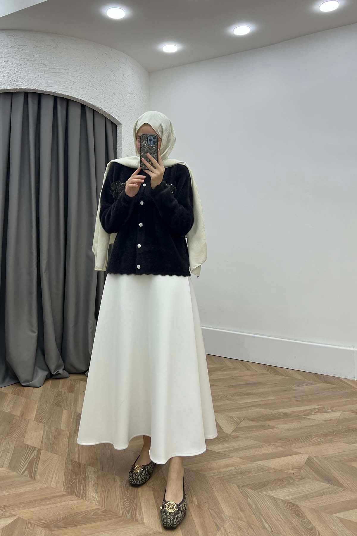 Taşlı ve Çiçek İşlemeli Angora Hırka Koyu Kahve
