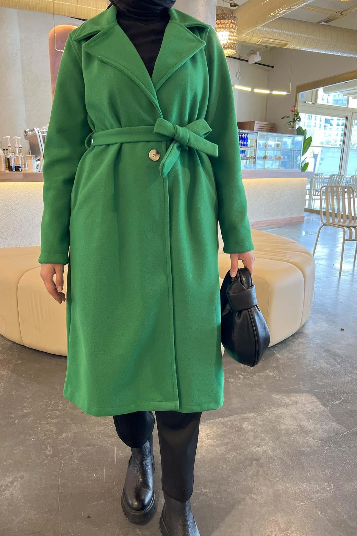 Tek Düğme Kemerli Kaşe Kaban Benetton Yeşil