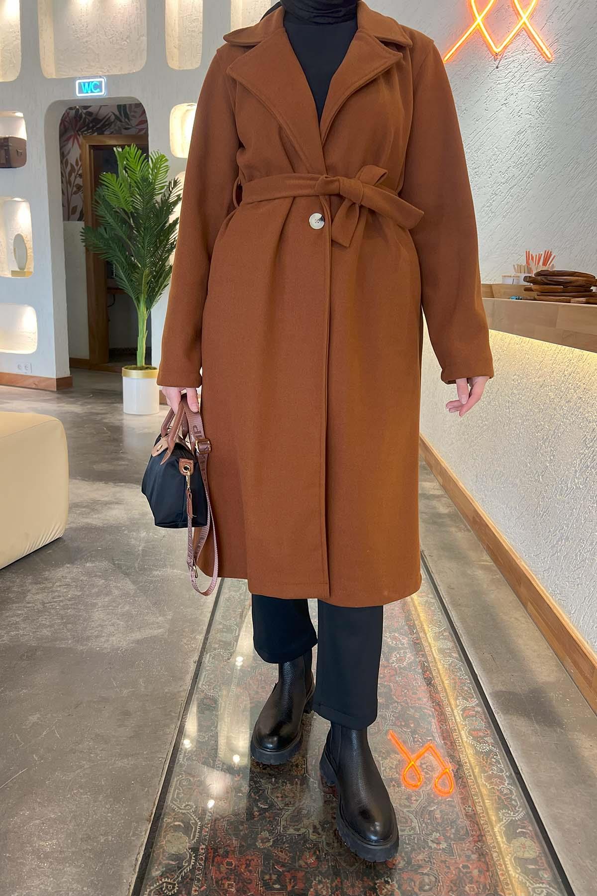 Tek Düğme Kemerli Kaşe Kaban Kahve