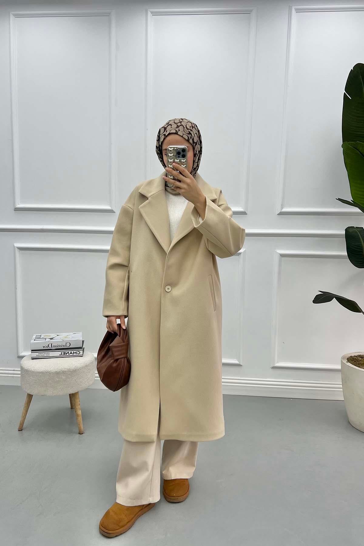 Tek Düğmeli Oversize Kaban Bej