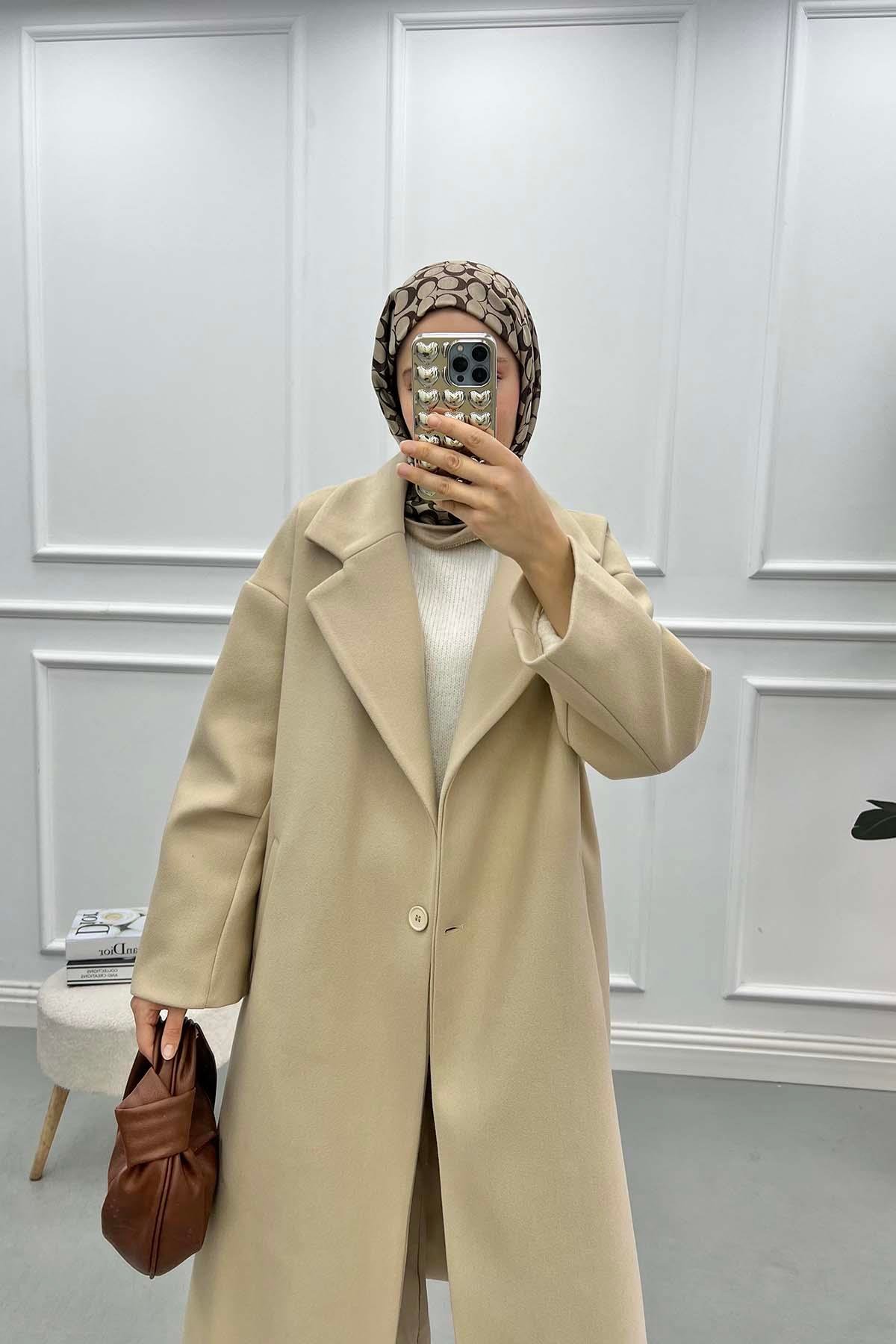 Tek Düğmeli Oversize Kaban Bej