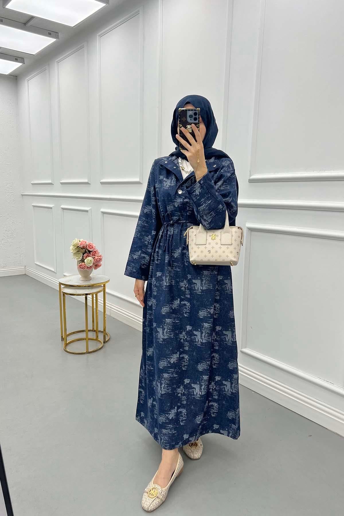 Texture Desen Denim Elbise Lacivert